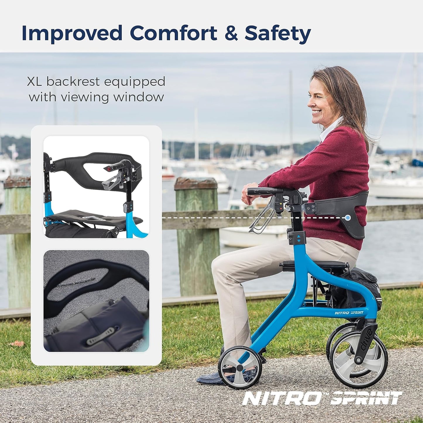 Drive Medical Nitro Sprint Foldable Rollator Walker with Seat - Lightweight Support - Large Wheels - Compact Folding Design - Adjustable Comfort - Standard Size - Blue