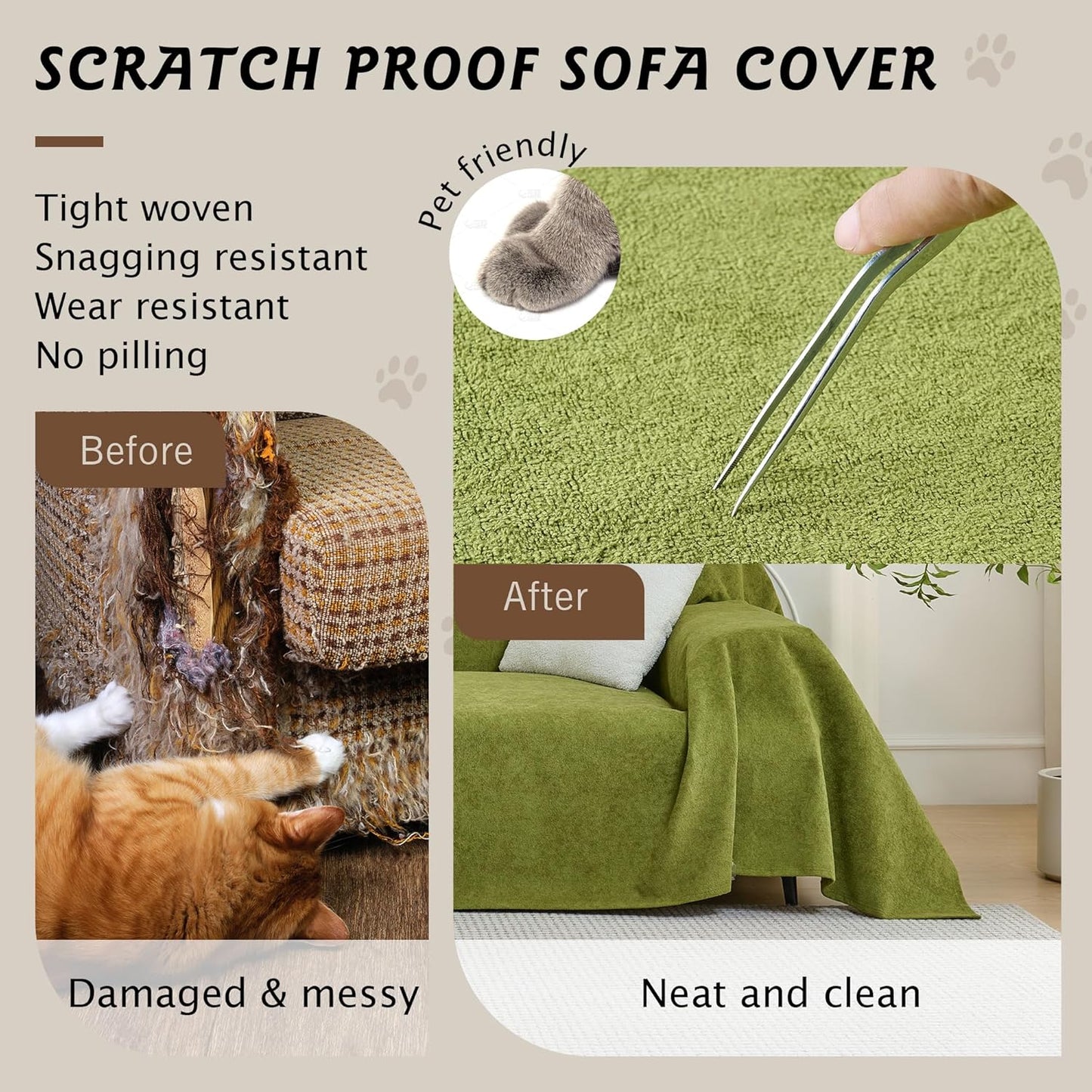 PuTian 100% Waterproof Couch Cover for Dogs - Anti-Scratch Washable Non Slip 2 Cushion Cover Blanket for L Shaped Sectional Recliner Sofa Slipcover for Pet Cats Kids, 71X134 in Boho Green-Waterproof