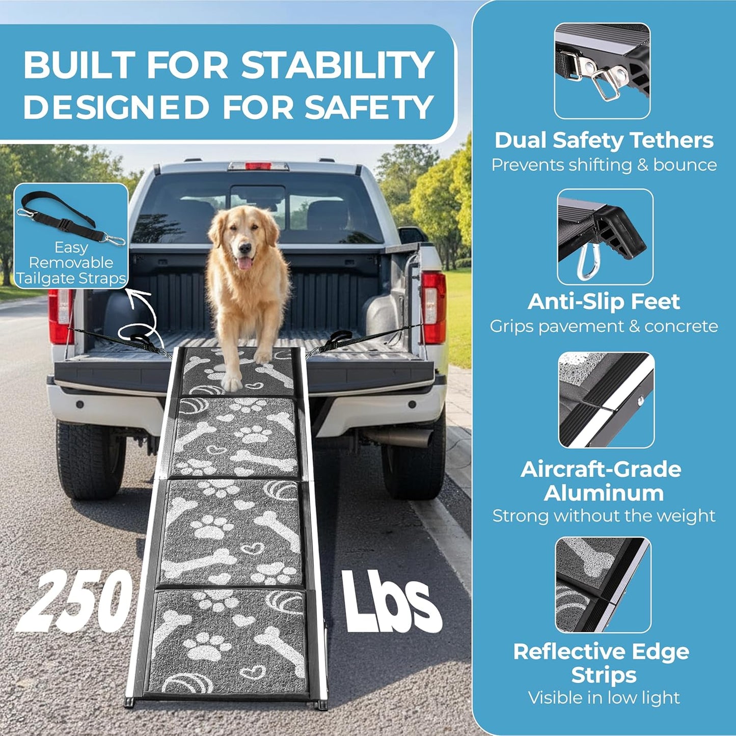 Dog Ramp for Car, SUV & Truck, 71" Long x 20" Wide, Extra Side-Strap Stability System, Non-Slip Quad-Fold Pet Ramp for Large Dogs, 250 lb Capacity (Paw Print Design)