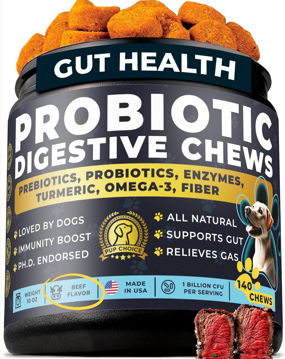 Probiotic + Omega-3 Dog Supplement Bundle — Daily Chews with Probiotics & Salmon Oil, Biotin & Zinc — Supports Digestive, Immune, Skin, Coat & Joint Health — 140 + 140 Chews