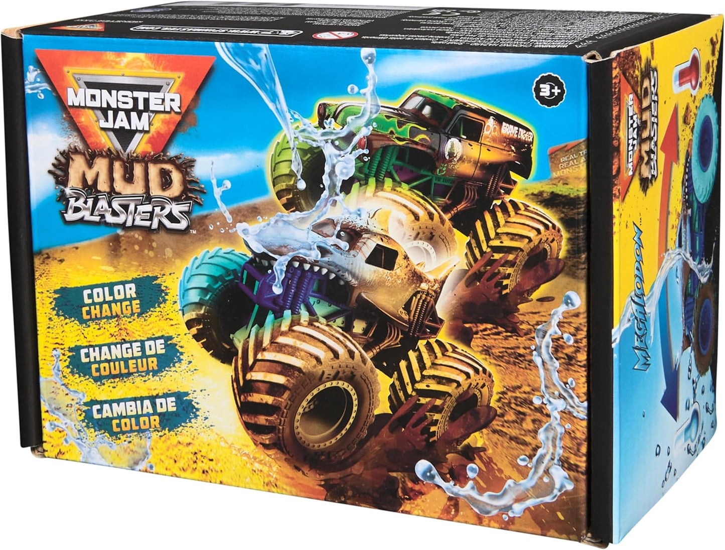 Monster Jam Mud Blasters, Grave Digger and Megalodon Color Changing Trucks 2-Pack, 1:64 Die Cast Vehicle, Kids Toys for Boys and Girls 3 and Up