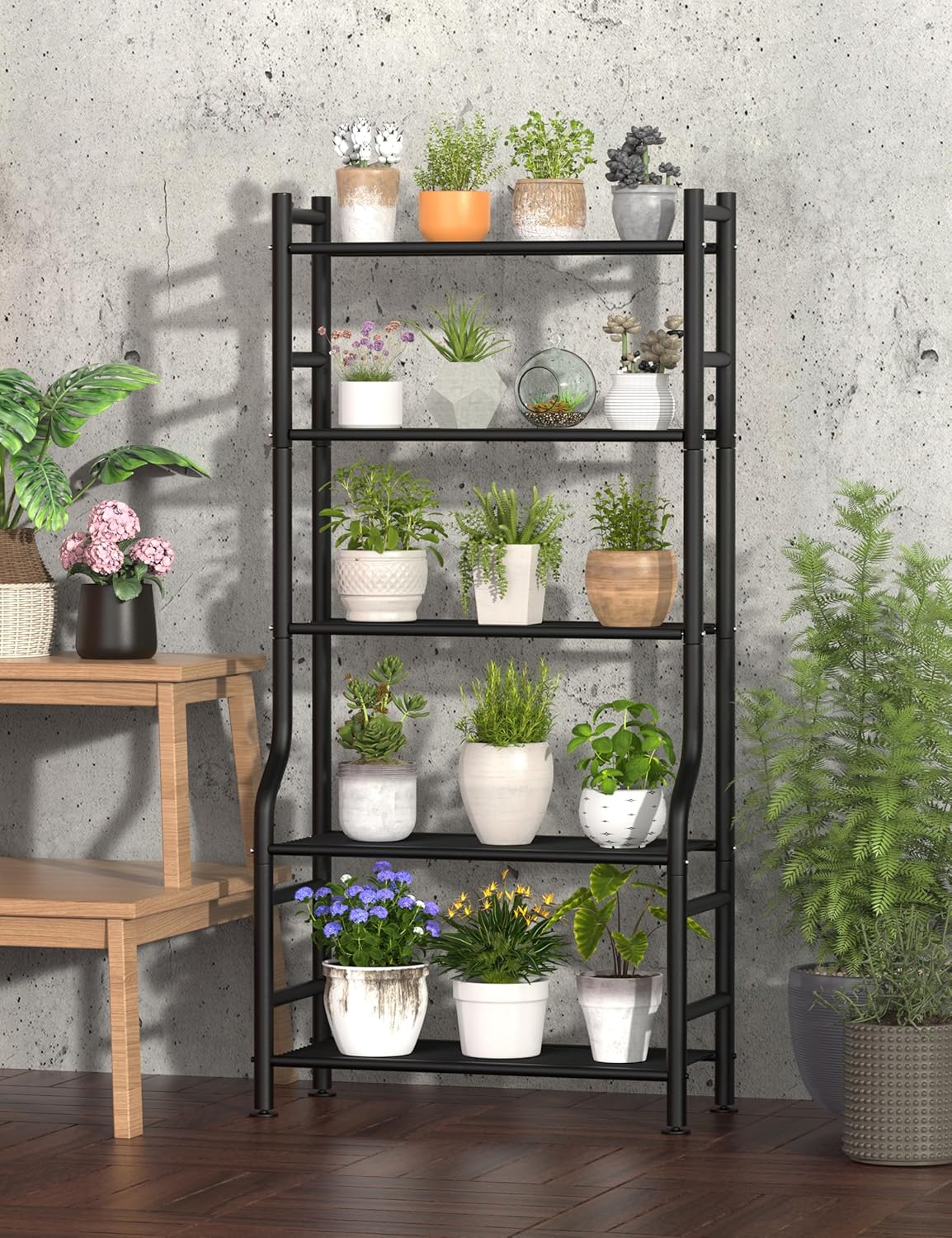 5-Tier Plant Stand Indoor Outdoor, 64" Tall Metal Ladder Shelf for Multiple Flower Pot Holder, Waterproof Corner Garden Rack for Balcony Living Room, Black