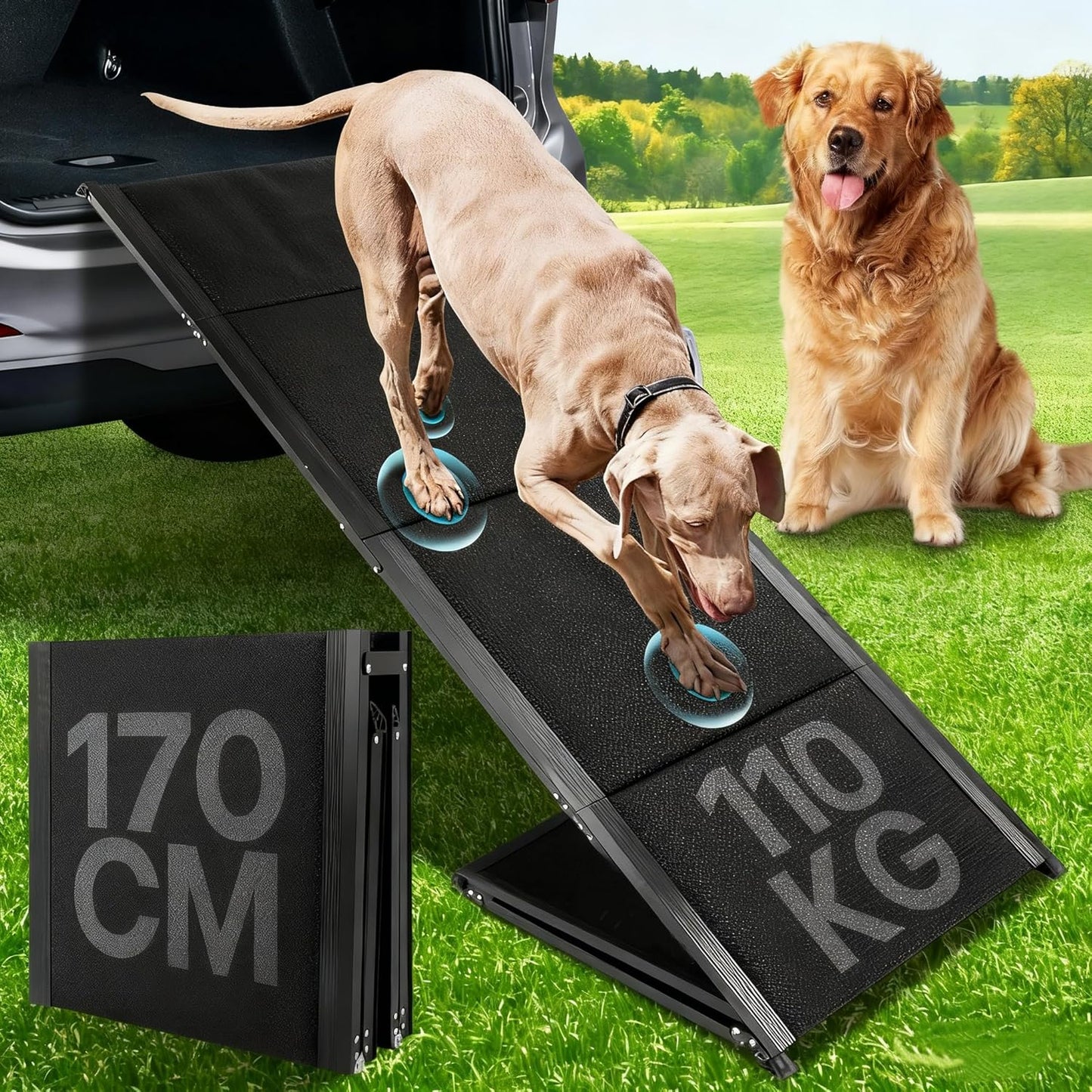 Dog ramp for Car, Dog Ramps for Large Dogs, Folding Outdoor Dog Ramps for Stairs, Up to 300LBS, Non-Slip Rug Surface, 5s Installation, Dogs Car Steps for Large Dogs SUV, Truck, LKW