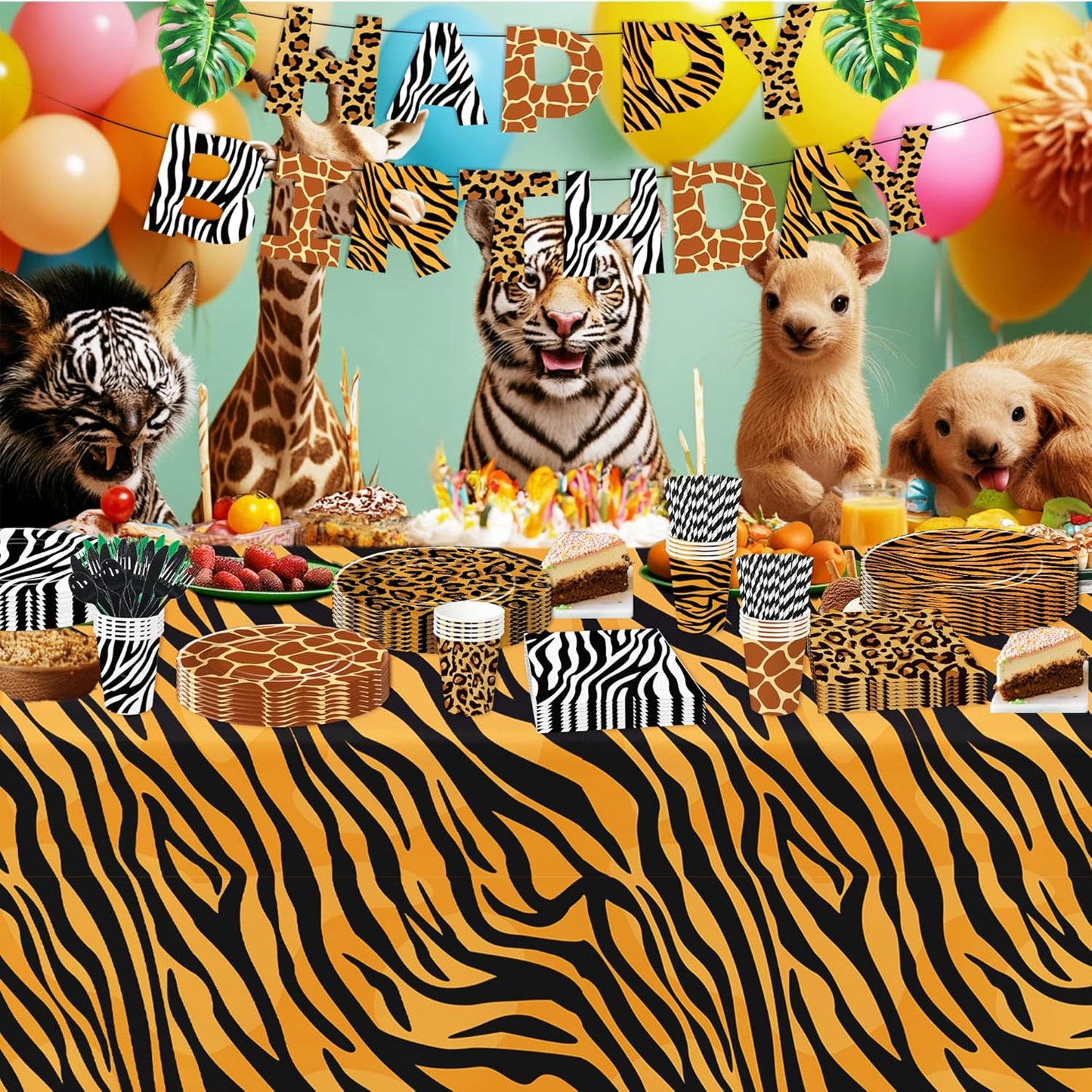 Jungle Safari Party Decorations, Jungle Birthday Party Supplies, Paper Plate, Napkin, Cup, Tablecloth, Banner, Wild Animal Print Balloon, Cutlery, Safari Birthday Decorations, Serves 24