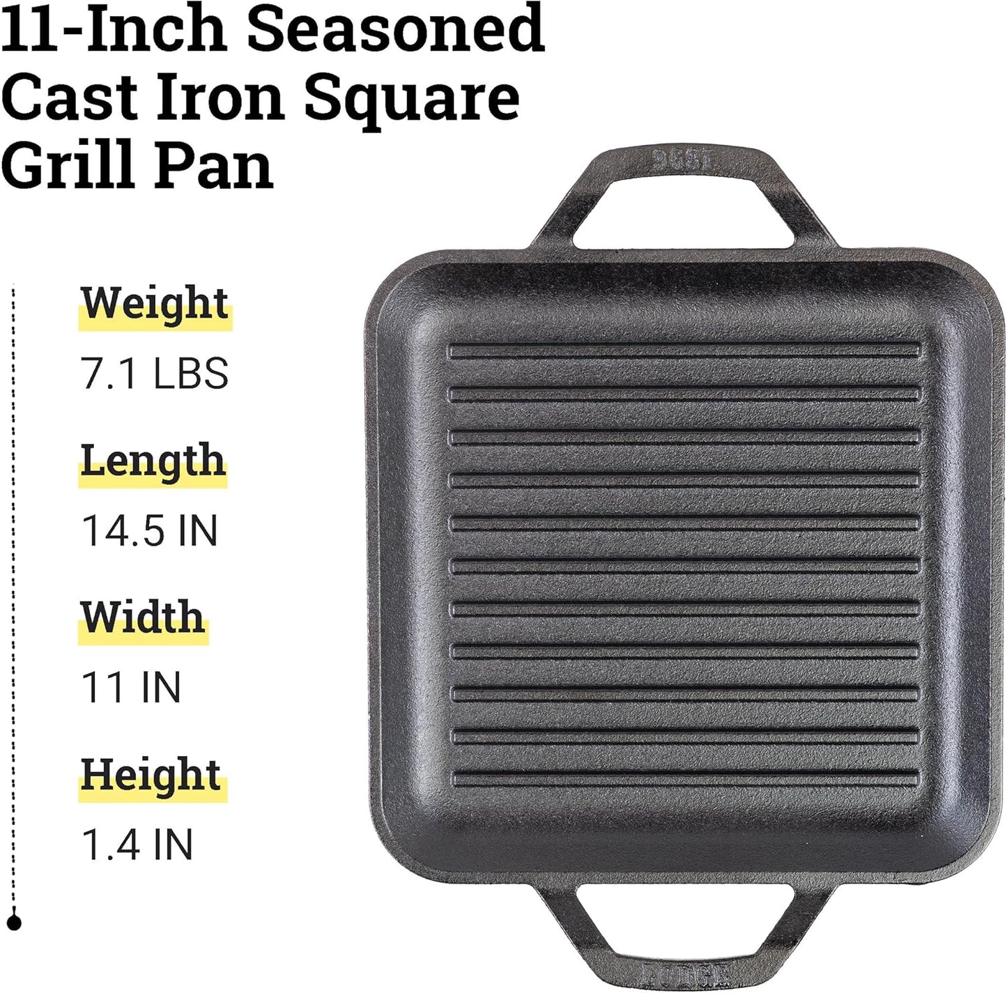Lodge 11" Cast Iron Square Grill Pan - Chef Collection - Pre-Seasoned Cast Iron Pan - Versatile Cooking - Indoor & Outdoor Use - Incredible Heat Retention