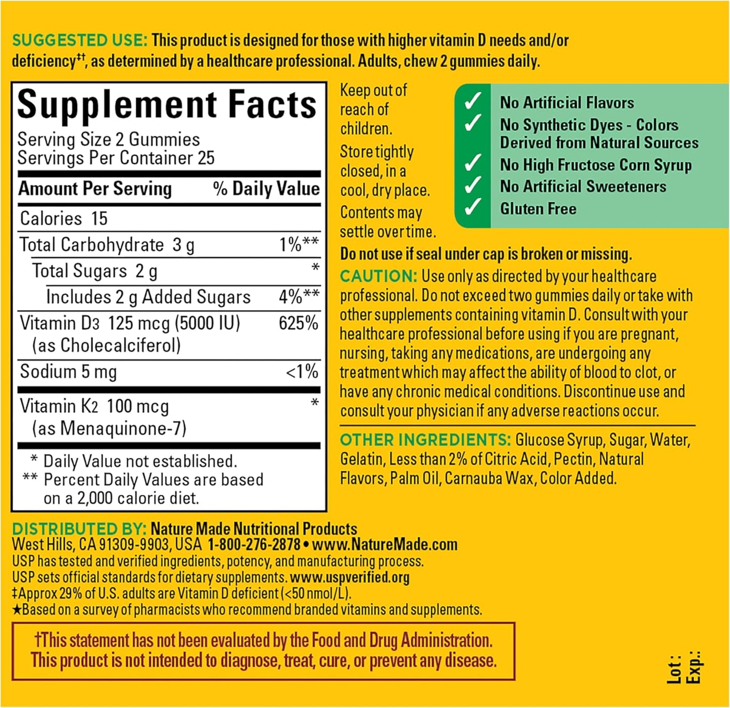 Nature Made Vitamin D3 K2 Gummies, Vitamin D 5000 IU Per Serving for Bone, Teeth, Muscle and Immune Support, 50 Gummy Vitamins, 25 Day Supply