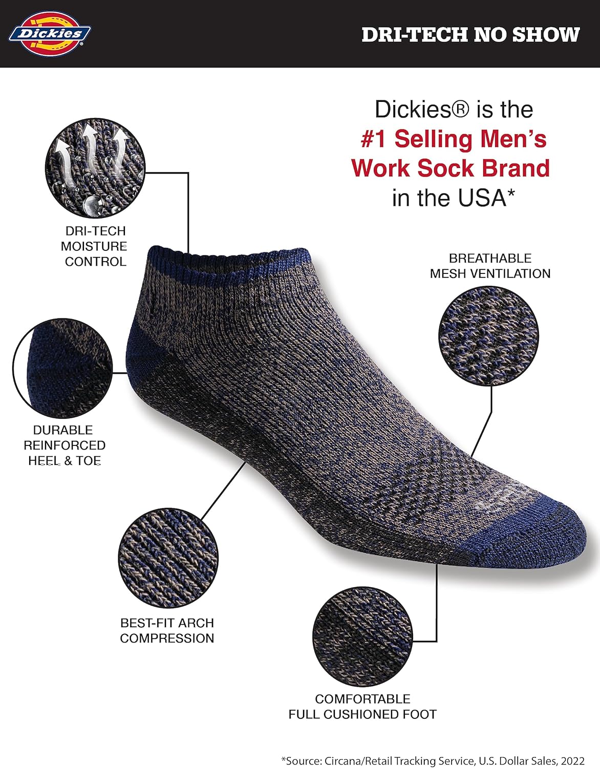 Dickies Men's Dri-Tech Moisture Control No Show/Low Cut Socks, Available in M-XXL (6, 12 Pairs)
