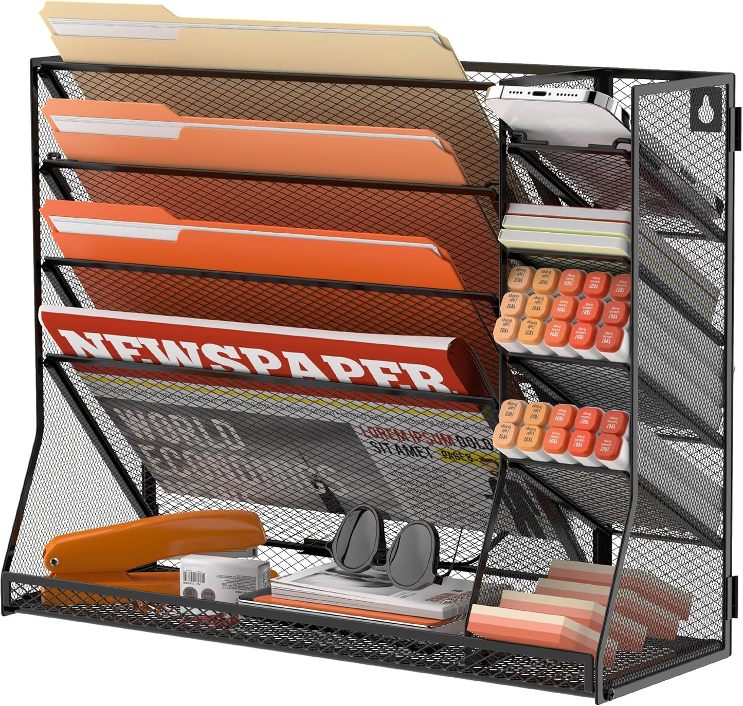 SUPEASY Wall File Organizer, 5-Tier office wall organizer with 4 Pen Holders, Wall Organizer for Office with R-shaped Bottom Tray, Metal Desk Organizer for Office, School, Home, Black