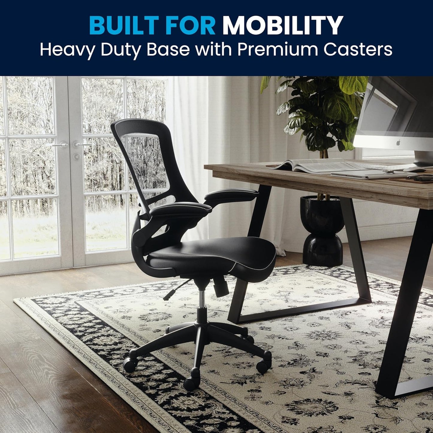 Flash Furniture Kelista Mid-Back Swivel Office Chair with Adjustable Seat Height, Ergonomic Mesh Desk Chair with LeatherSoft Seat, Black