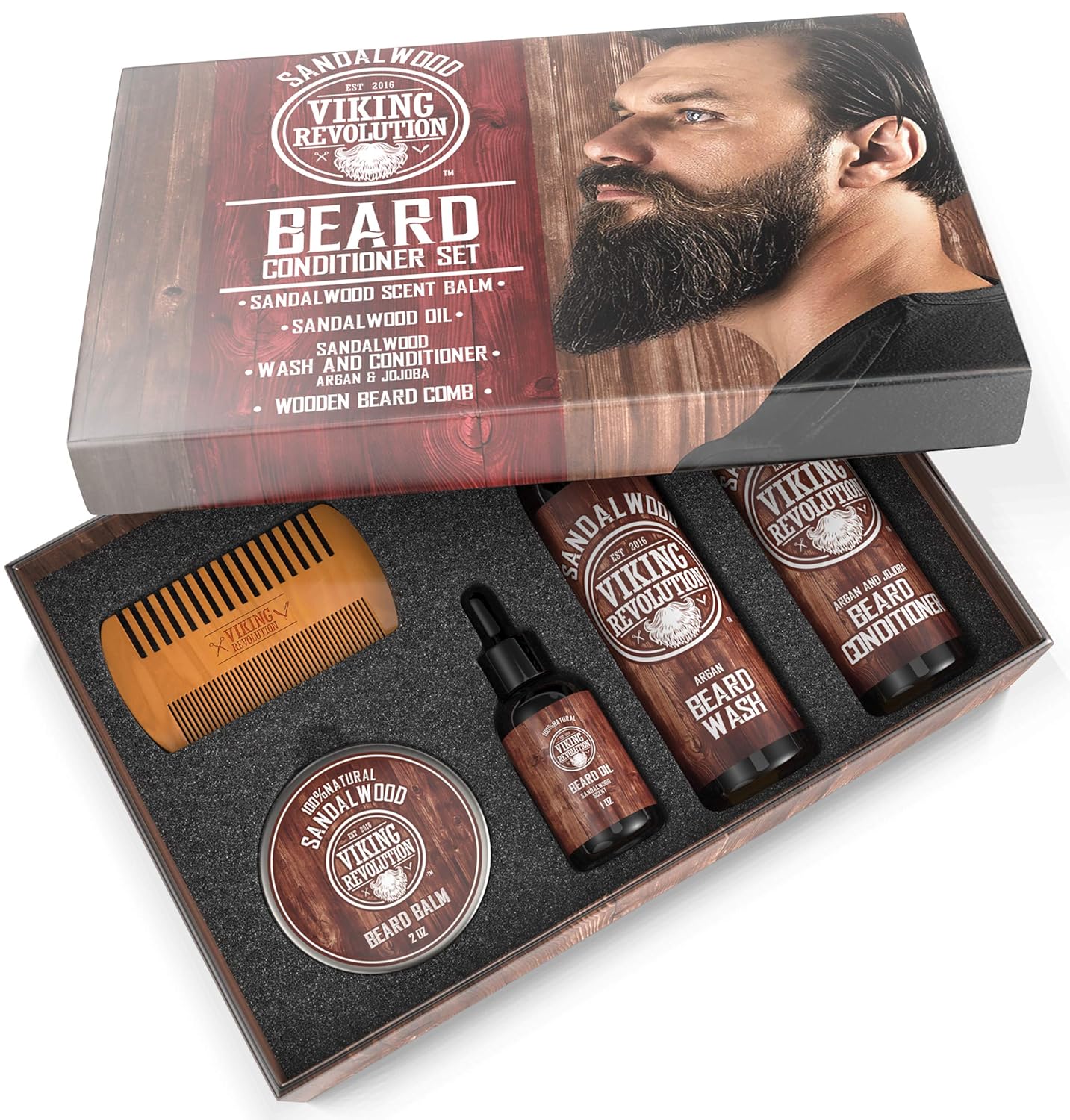 Viking Revolution Ultimate Conditioner for Men's Beard Grooming - Softens, Smoothes and Soothes Beard Itch- Contains Wash, Conditioner, Oil, Balm and Comb- Sandalwood Scent