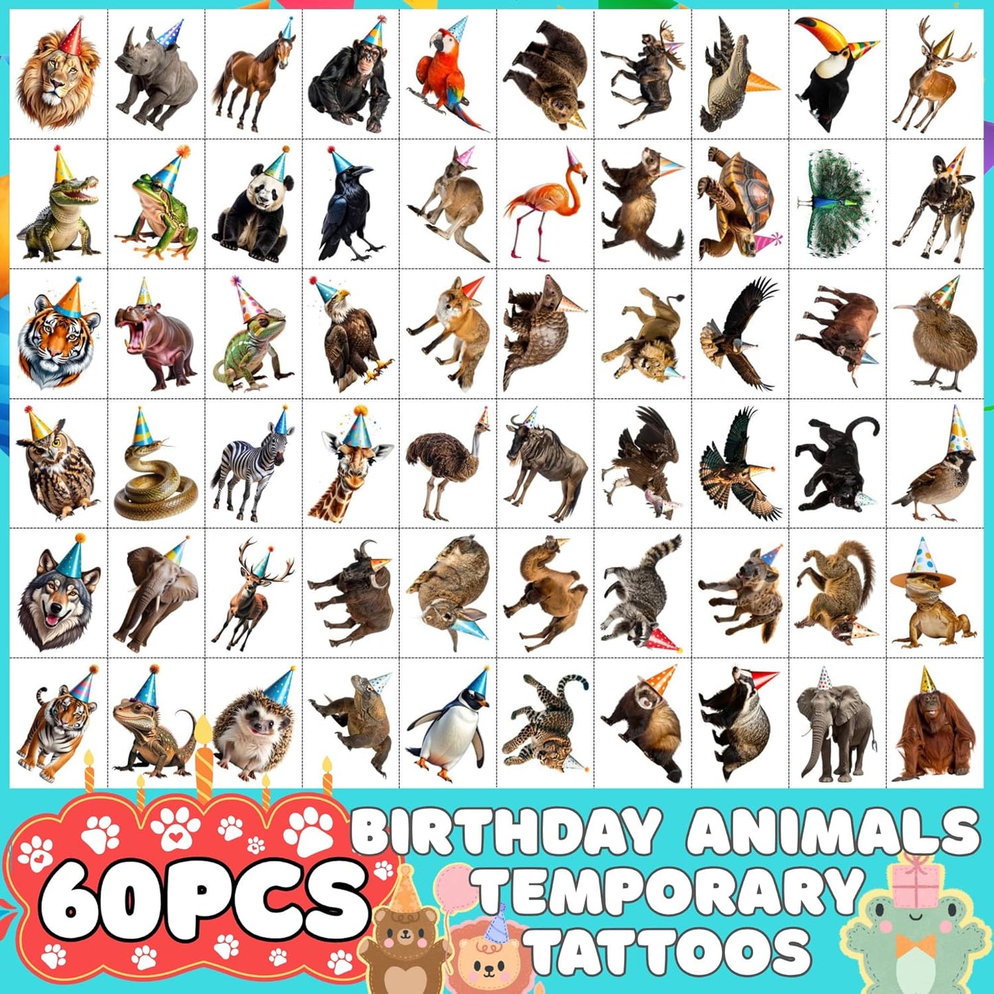 Jungle Animal Temporary Tattoos | Wildlife Animal Themed Birthday Party Decorations Zoo Party Favors Supplies Accessories Stickers Decor Gift Idea For Kids Adult Teen Boy Girl
