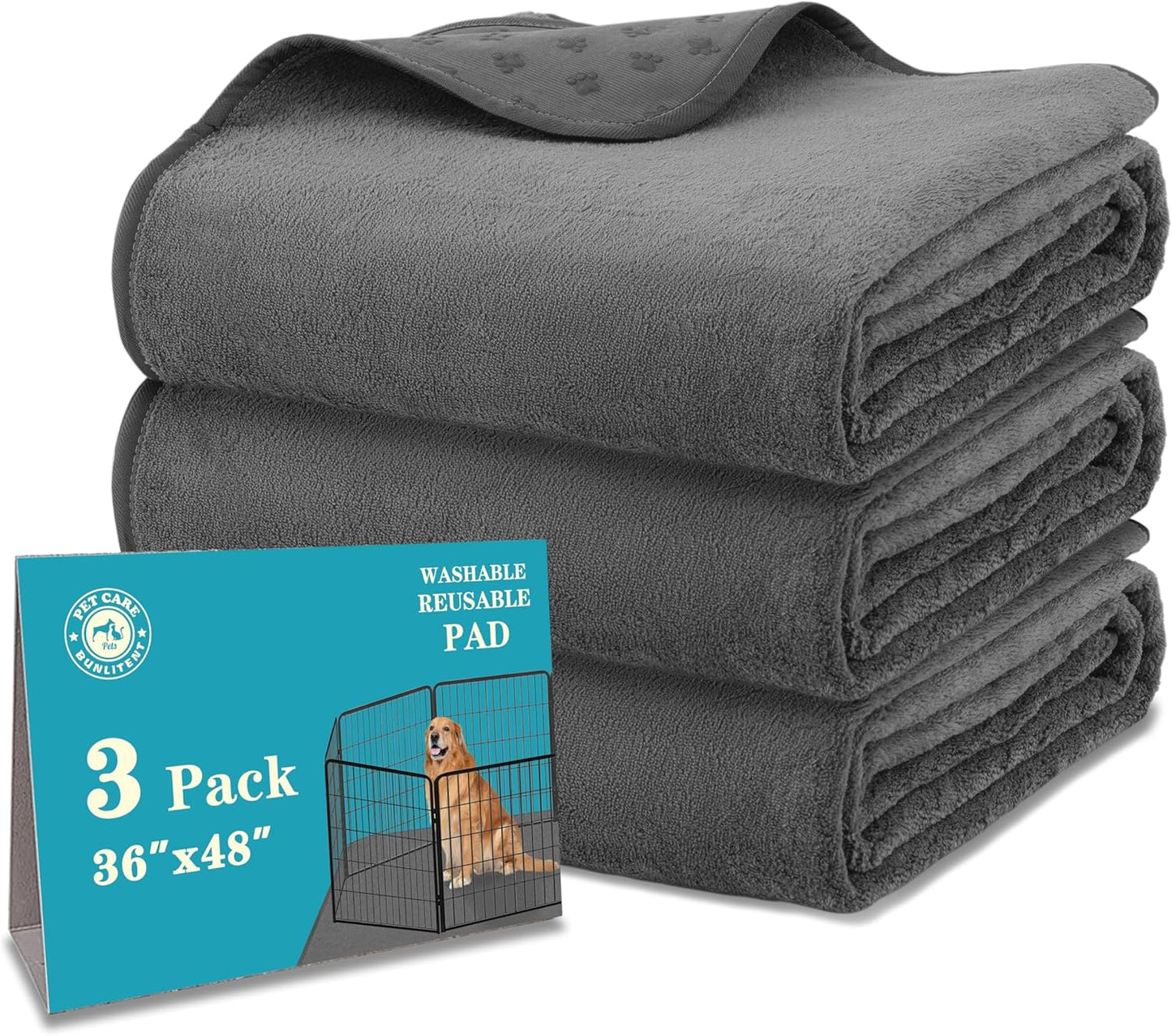 Washable Pee Pads for Dogs 3 Packs, Non-Slip Washable Pee Pads for Dogs, Fast Absorbent Pet Whelping Pads, Waterproof Dog Playpen Mat for Incontinence, Housebreak, Crate, 36'' x 48", Gray