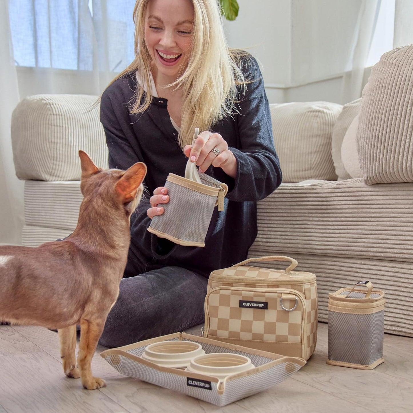 Cleverpup Small 7-Piece Bistro Box Dog Food Travel Kit, 6-Cup BPA-Free Kibble Storage, 2 Silicone Bowls, Mat & Scoop - Portable Pet Food Kit for Weekends, Overnights, Daycare & Camping, Checkerboard