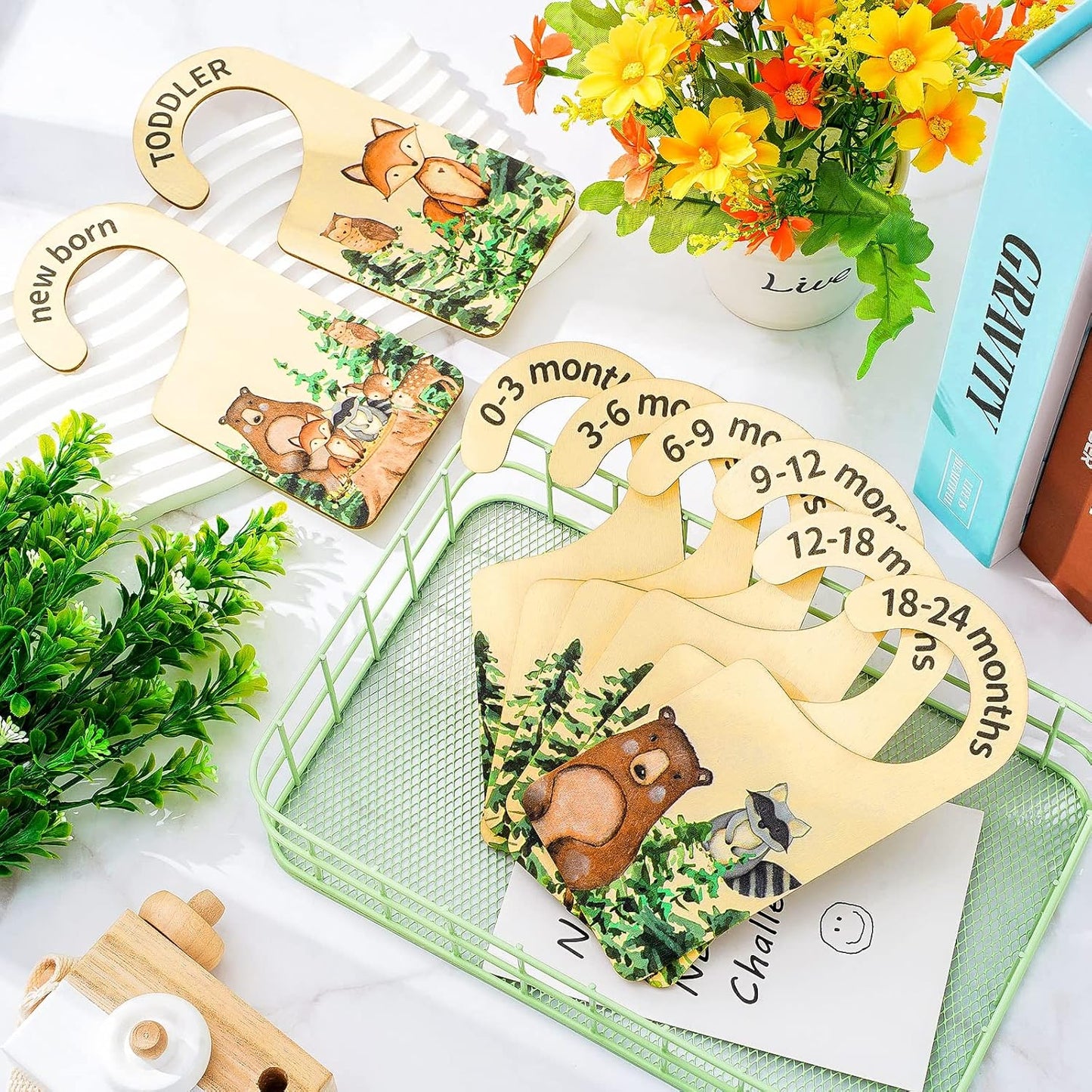 Whaline 8 Pcs Baby Closet Size Dividers Woodland Design Hanging Wooden Baby Closet Organizer Newborn to 24 Months Thicken Babies Wardrobe Organizer for Home Nursery Decor