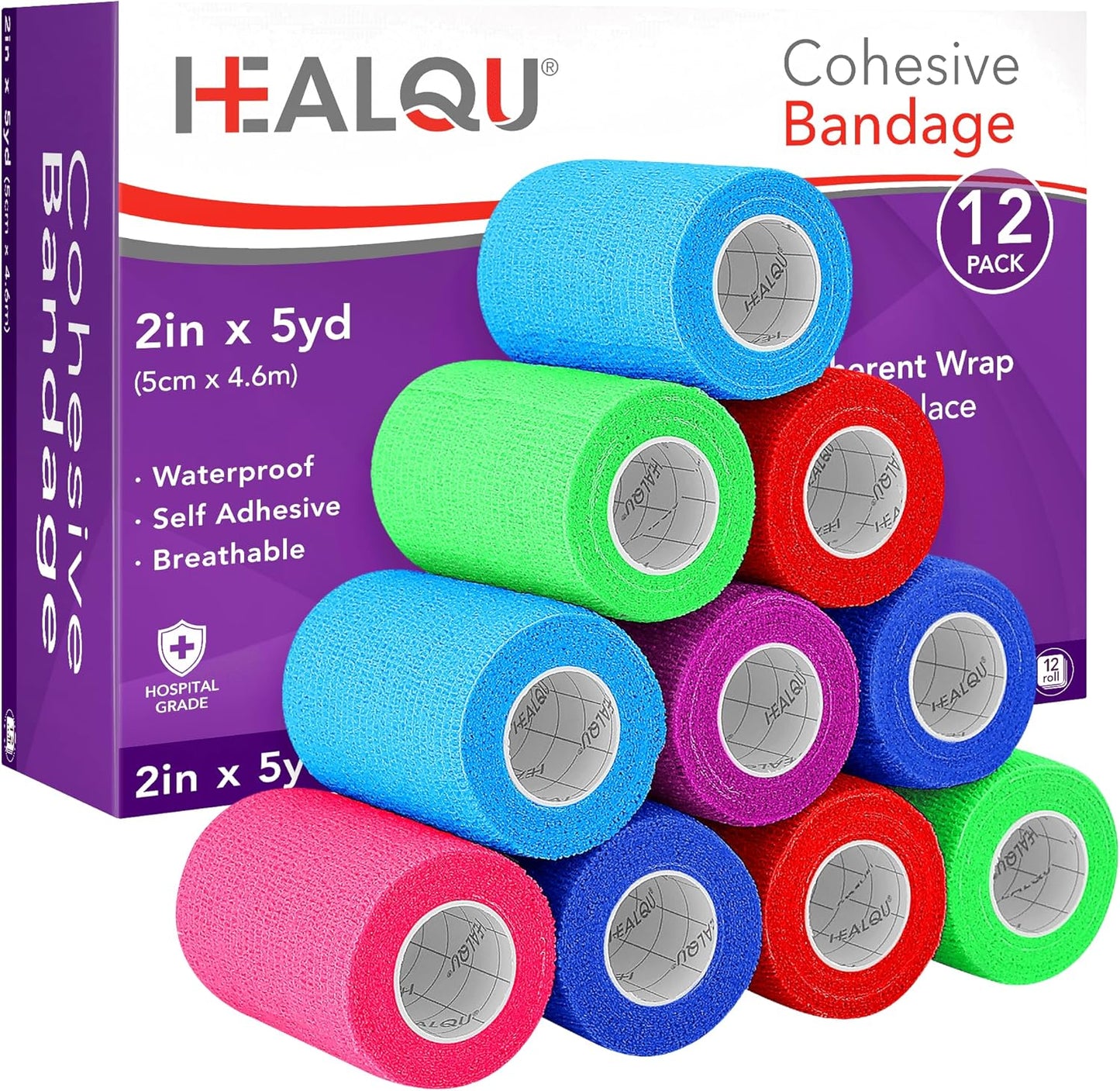 HEALQU Self Adhesive Bandage Wrap – 12 Rolls 2in x 5yd Cohesive Tape for Athletic and Sports - Self Adherent Medical Tape, Flexible, Elastic Bandages Multicolor for Wrist & Ankle Vet Wrap for Dogs