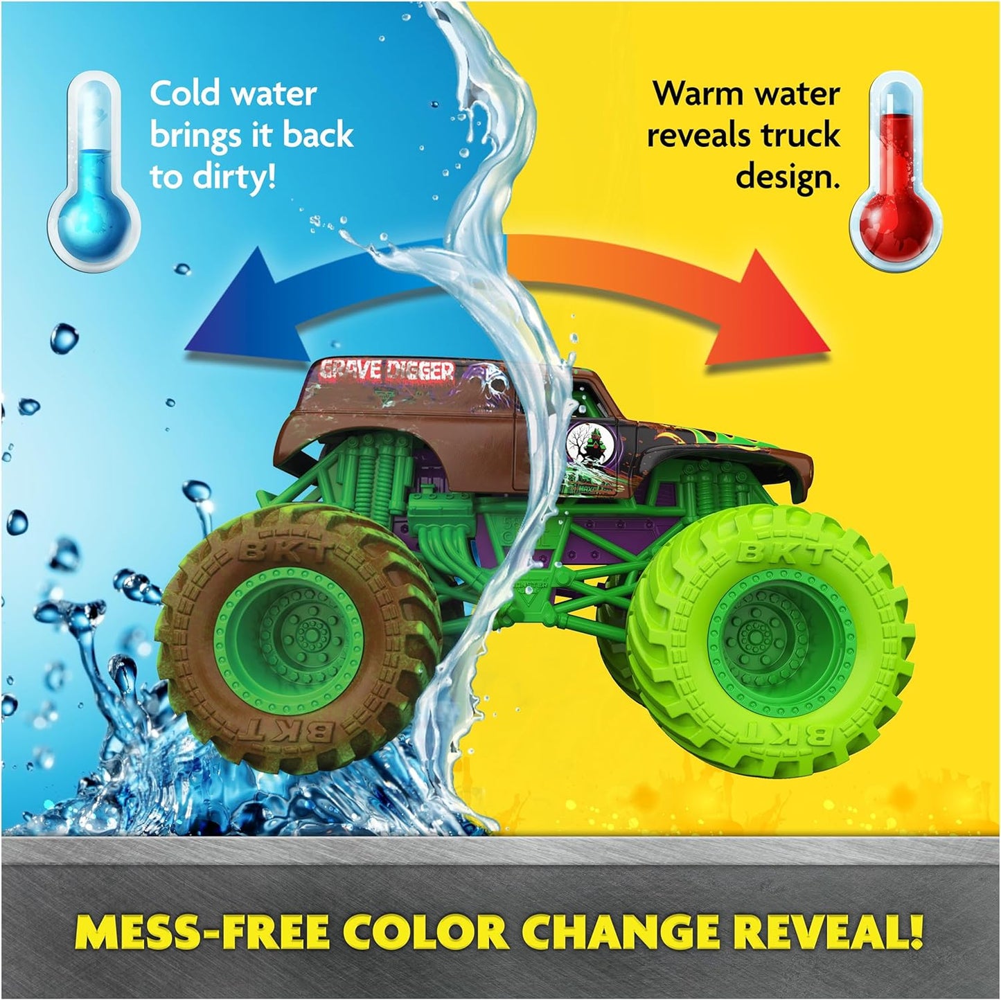 Monster Jam Mud Blasters, Grave Digger and Megalodon Color Changing Trucks 2-Pack, 1:64 Die Cast Vehicle, Kids Toys for Boys and Girls 3 and Up