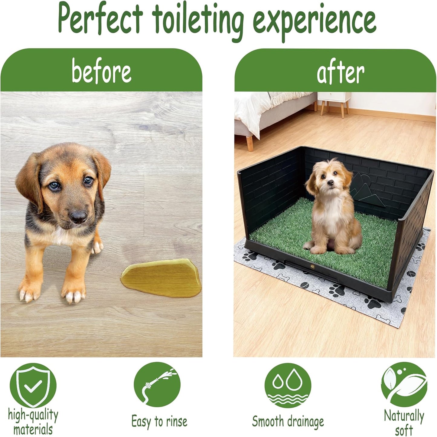 Dog Grass Pad with Tray, Indoor Potty with Three Walls, 35" X 24",with 2 Reusable Premium Grass Pads