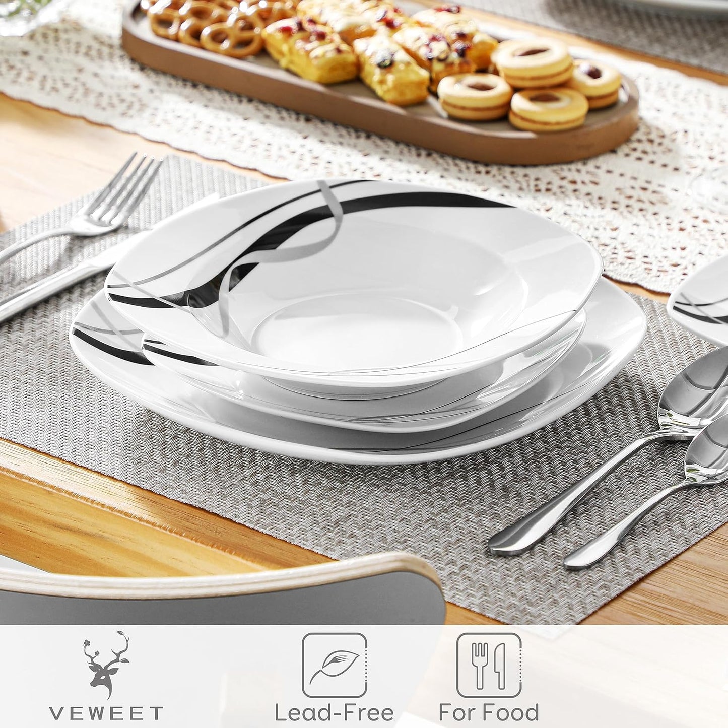 VEWEET, Series Fiona, 30-Piece Dinnerware Sets for 6, White Dishes Set with Black and Gray Stripes, Porcelain Dinner Set Including Dessert Plates, Soup Plates, Dinner Plates, Cups & Saucers