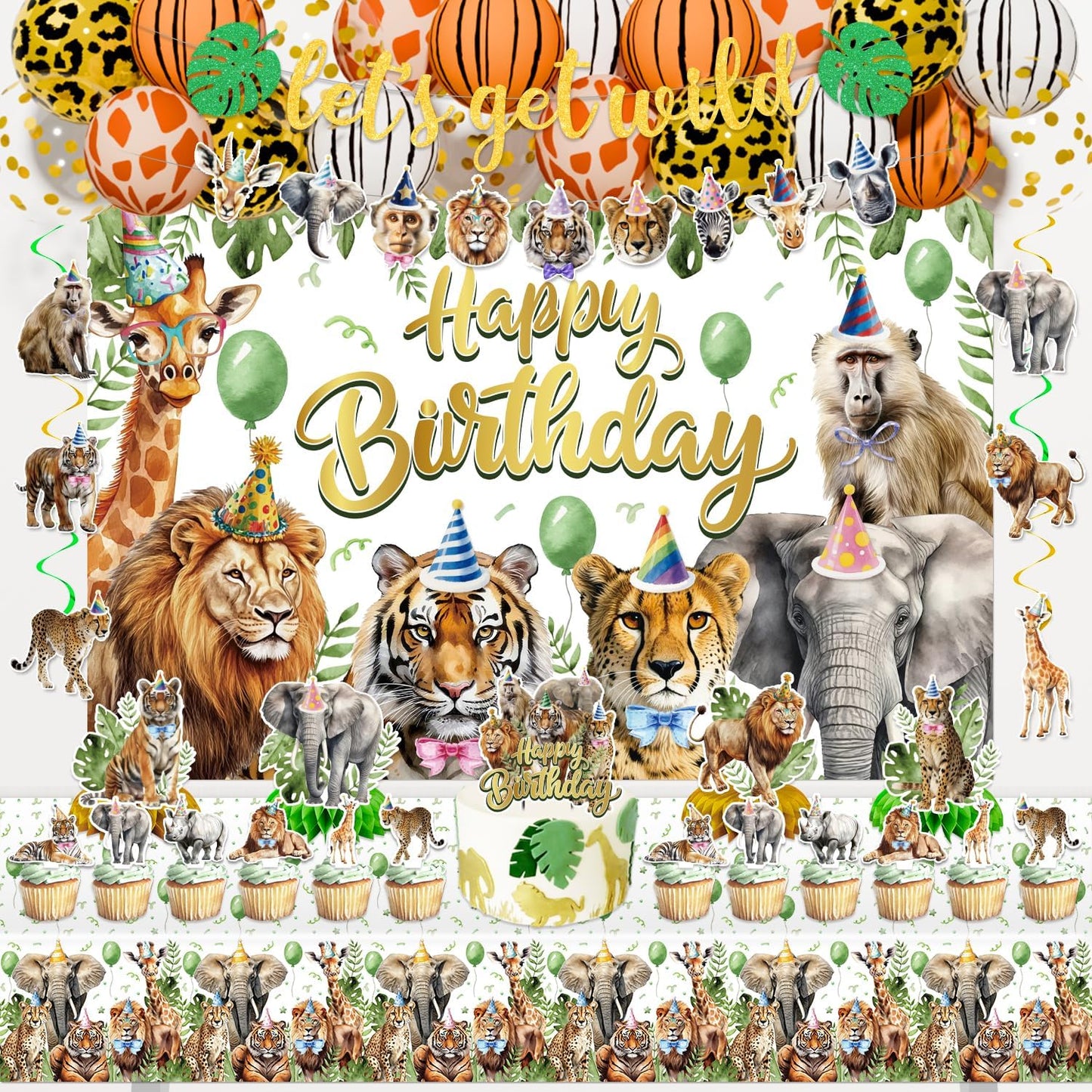 Safari Birthday Party Decorations, Jungle Wild Animals Birthday Party Supplies Decor with Backdrop, Banner, Balloons, Cake Toppers, Tablecloth, Centerpieces, Hanging Swirls