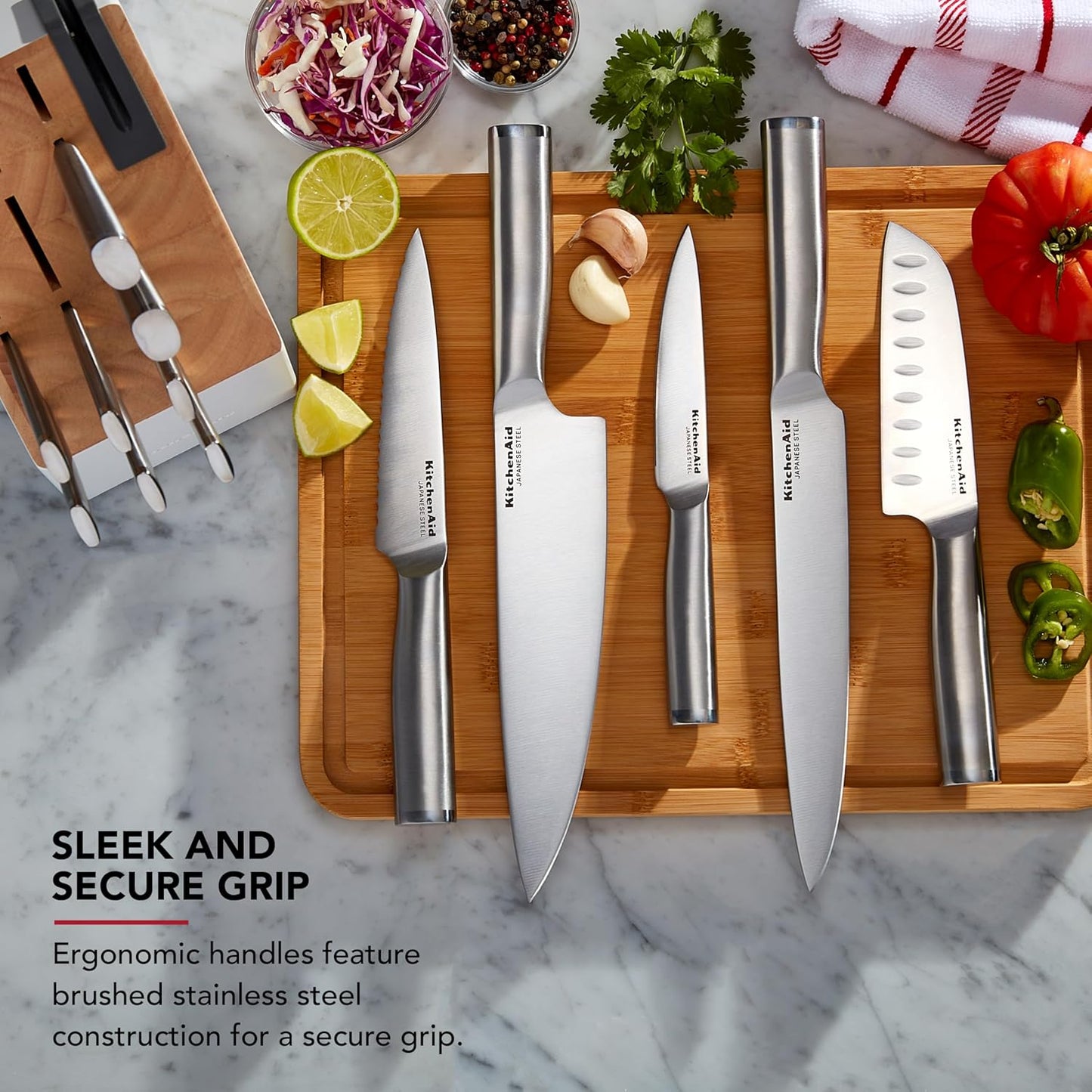 KitchenAid Slim Two-Tone Knife Block Set with Built-In Knife Sharpener, High Carbon Stainless Steel Kitchen Knives, Sharp Kitchen Knife Set with Block, 14-Piece, White