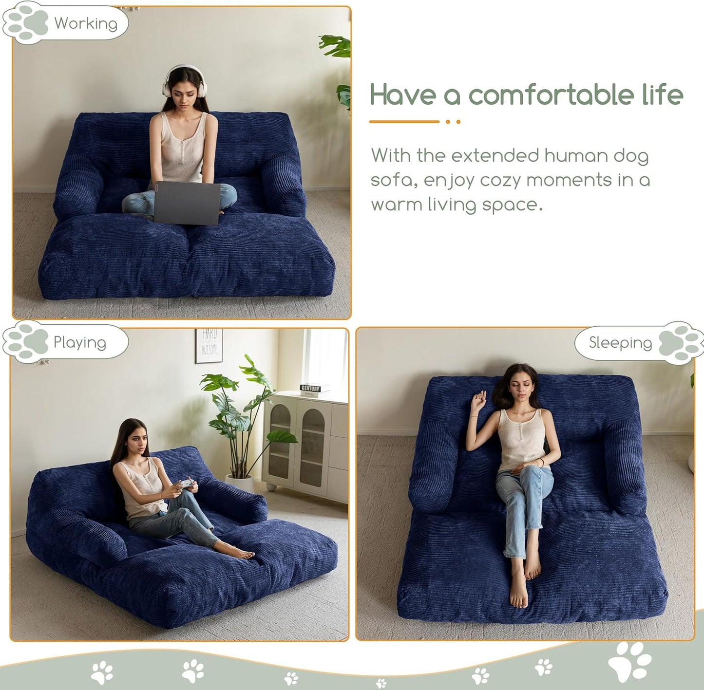 HIGOGOGO Giant Human Dog Sofa Bed, Extended Large Comfy Floor Couch for Pet Families, Corded Fabric Orthopedic Dog Bed for Human with Supportive Foam & Anti-Slip Bottom, XXXL Size, Blue