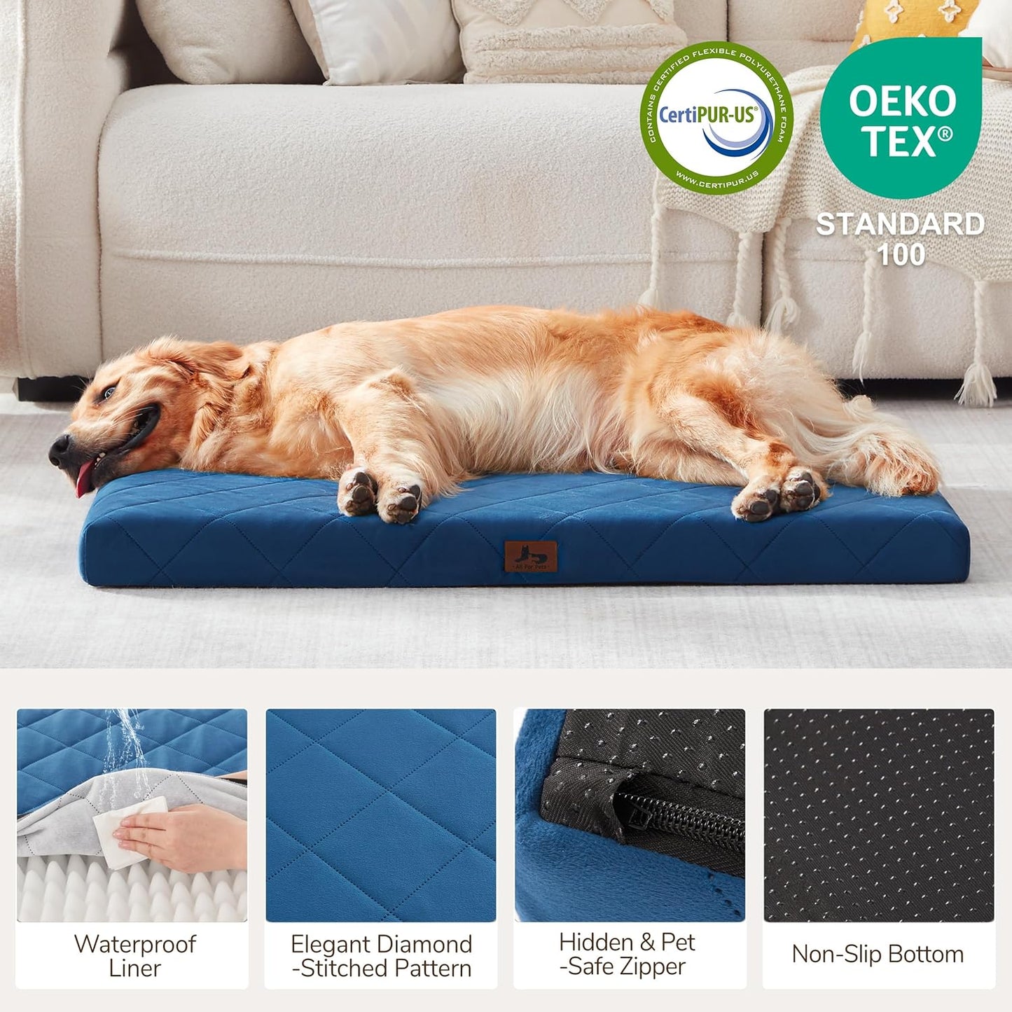 Orthopedic Dog Bed Mat Large Medium Sized Dogs, Waterproof Dog Crate Bed with Removable Cover, Washable Pet Bed with Egg Crate Foam, 35"x22", NOT Chewproof