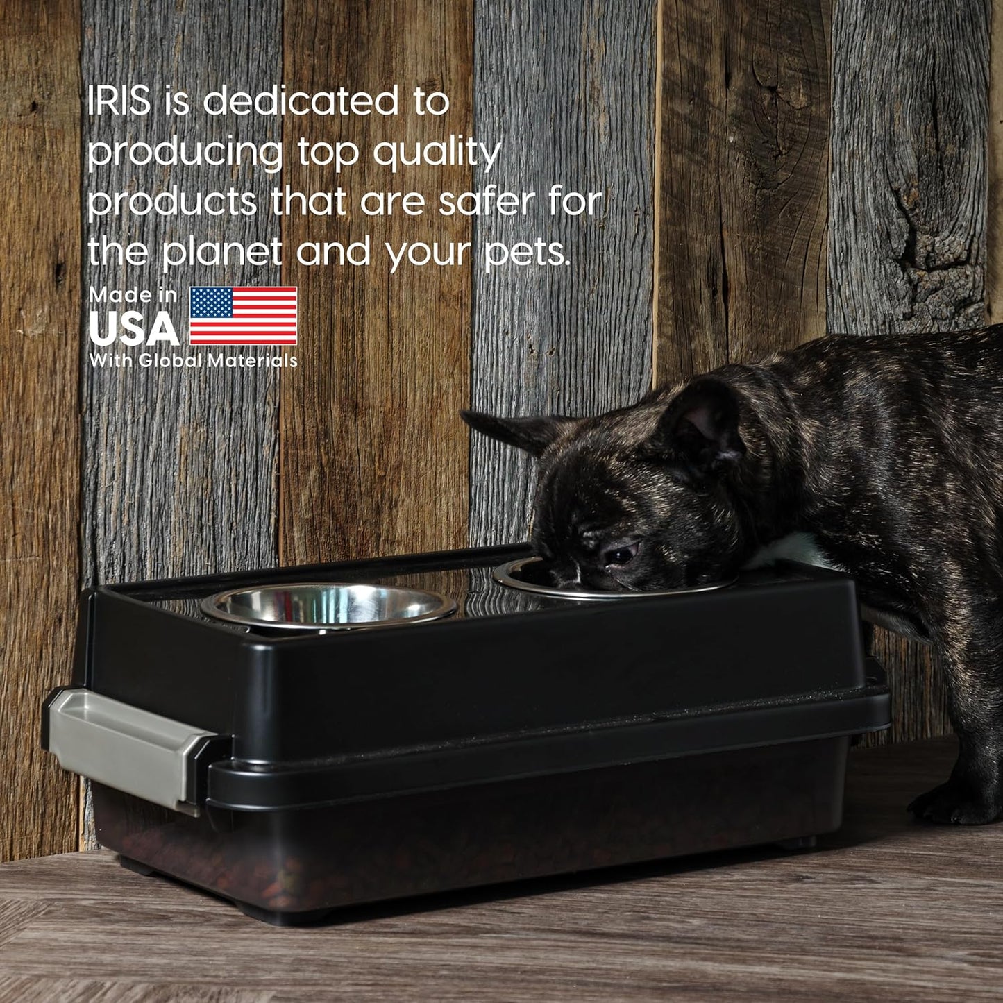 IRIS USA 2-in-1 Elevated Dog Bowls 6" H with Airtight Pet Food Storage Container Holds Up to 5 Lbs, Removable 4 Thick 16 oz Stainless Steel Bowls, at Home or Camping Pet Dish Bowl Set, Smoke/Black