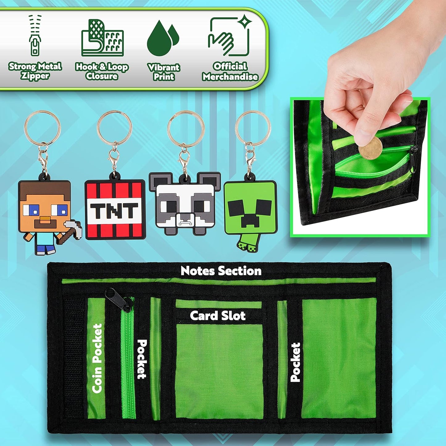 Minecraft Kids Wallets for Boys with Card Slots & Zip Coin Pocket & Keyrings, Official Merchandise Gifts for Kids