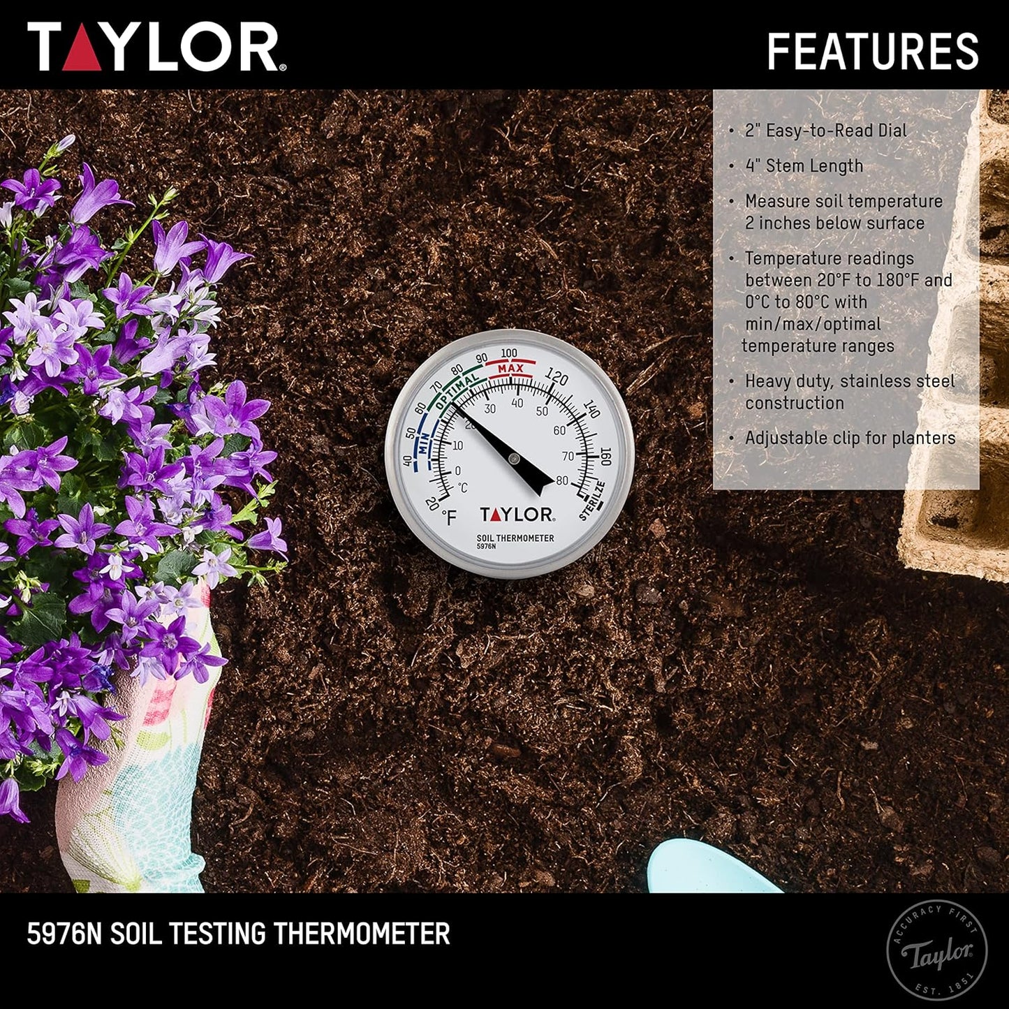 Taylor Soil Testing Thermometer, Gardening Tool for Plant Care, Gardening, Lawn, Farm, Outdoor Use, 4" Inch Stem
