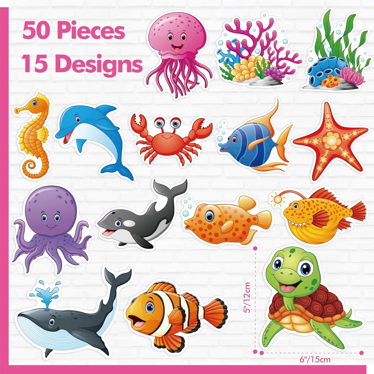 50 PCS Marine Animal Cutouts, Double-Sided Printing Ocean Creature Accents Cut-Outs, Fish & Coral Bulletin Board Classroom Decoration, Under The Sea Themed Party Supplies for Kids Students