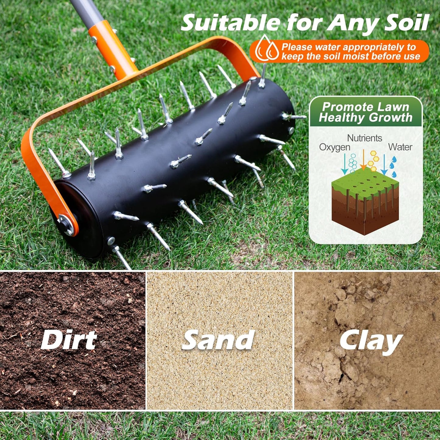 Walensee Rolling Lawn Aerator, Heavy Duty Manual Aerator Tool with 42 Spikes, Lawn Spike Aerator Roller with 71" Adjustable Handle, Soil Penetrator Push Lawn Aeration for Garden Yard Patio