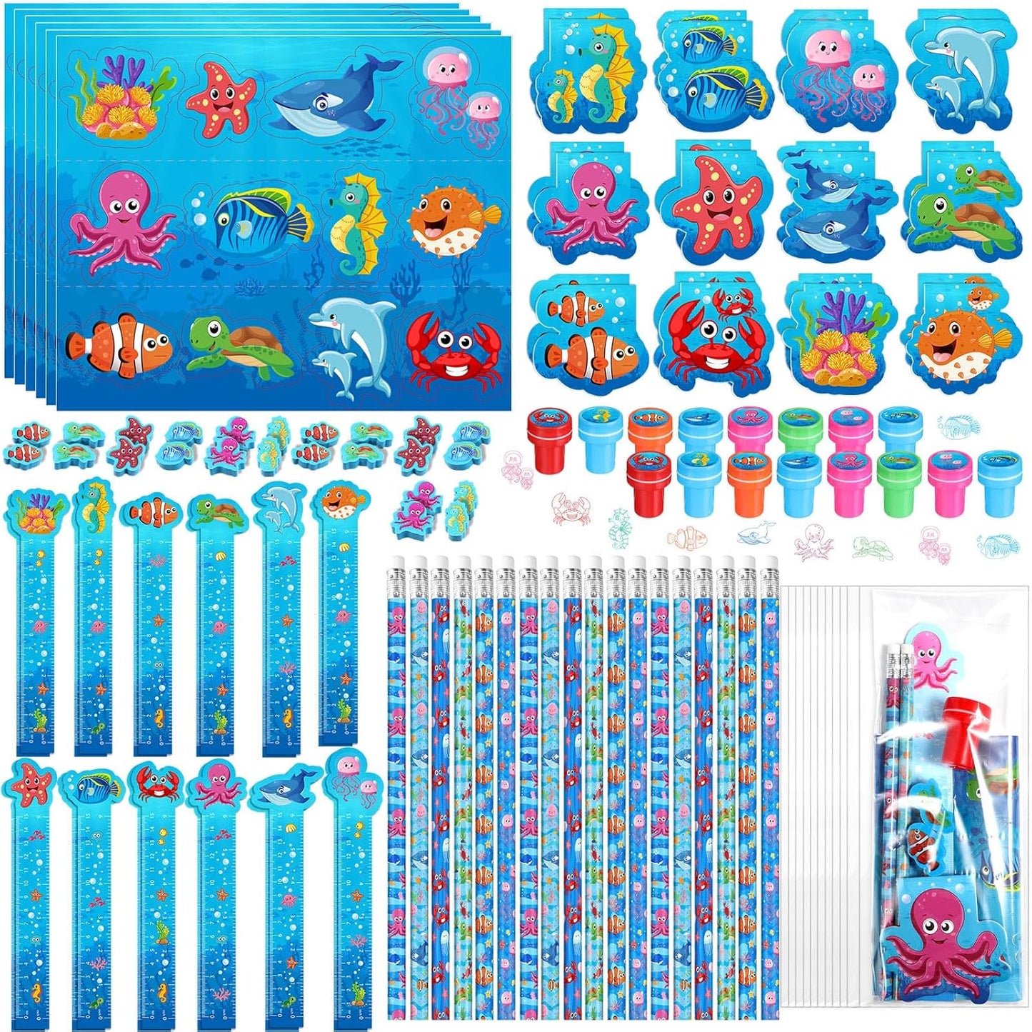 PerKoop 168 Pcs Under The Sea Stationery Ocean Themed Goodie Bag Stuffers Party Supplies with Mini Ocean Notebook Pencil Sticker Stationery Gift Set for Sea Animals Prizes Rewards Piñata Fillers