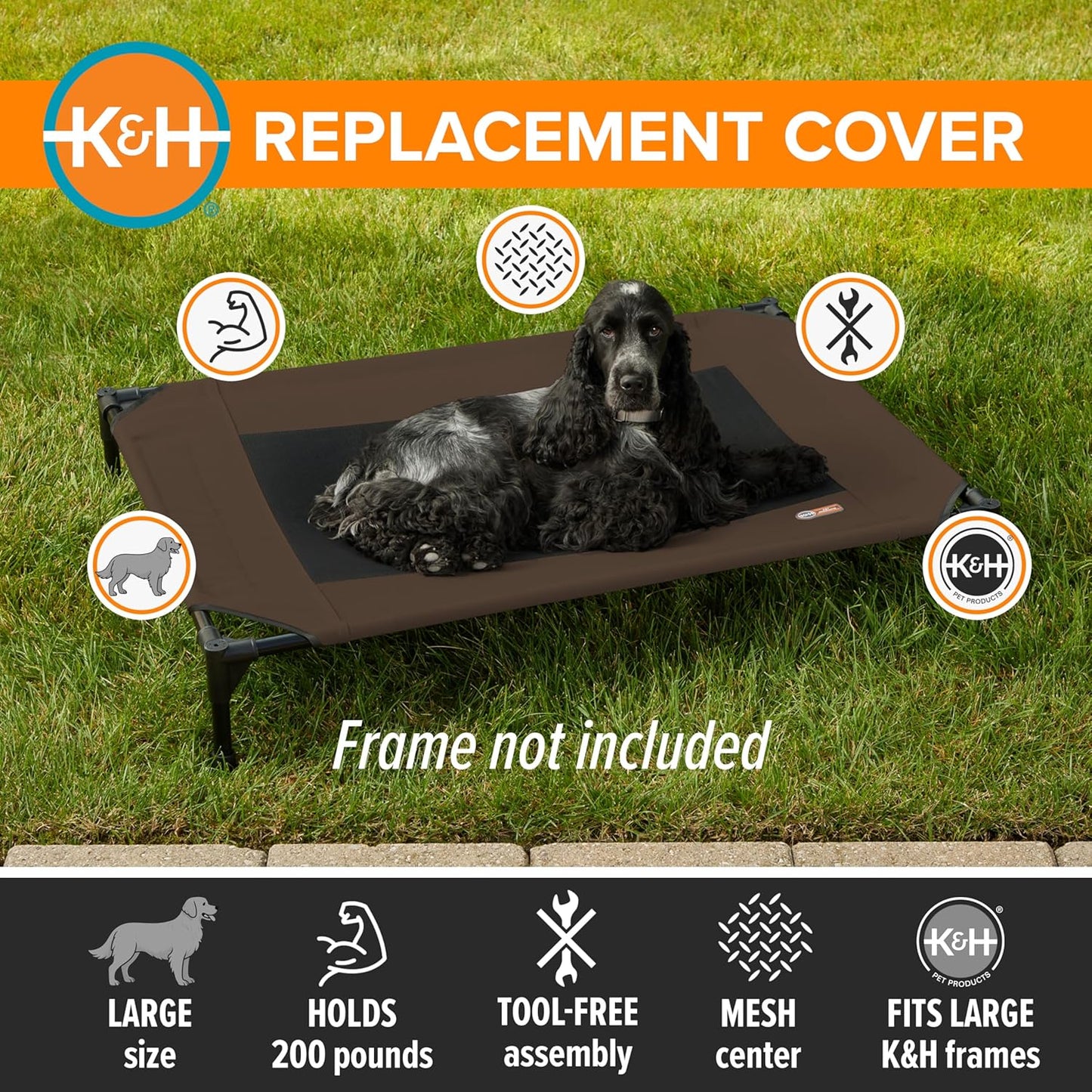 K&H Pet Products Dog Cot Replacement Cover, Designed to fit K&H Large Pet Cots (Sold Separately), Indoor Outdoor, Breathable Cooling Mesh Center, Machine Washable - Large 42 X 30in Chocolate