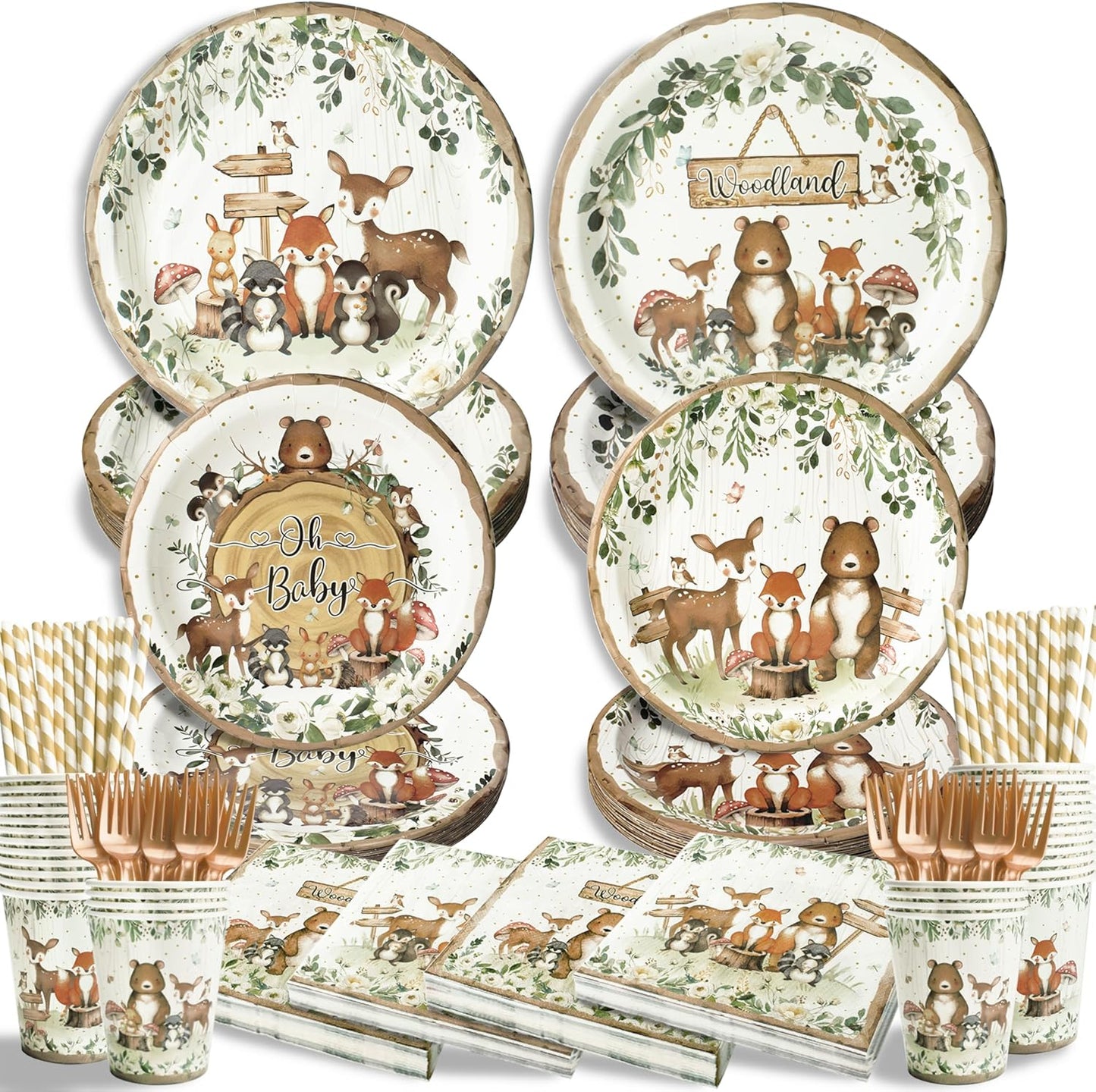 300Pcs Woodland Baby Shower Party Supplies - Serves 50 Guests, Safari Jungle Animal Party Decorations Include Plates and Napkins, Cups, Straws, Forks