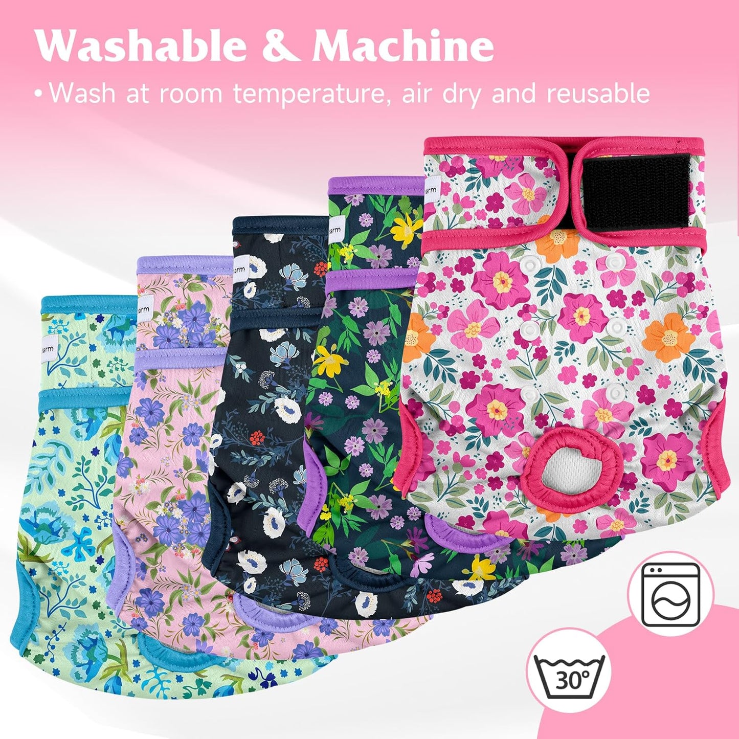 5 Pack Reusable Diapers for Doggie, Highly Absorbent Dog Diapers Female for Pet with Incontinence or Frequent Urination, X-Large Dog Diapers Female, Flowers