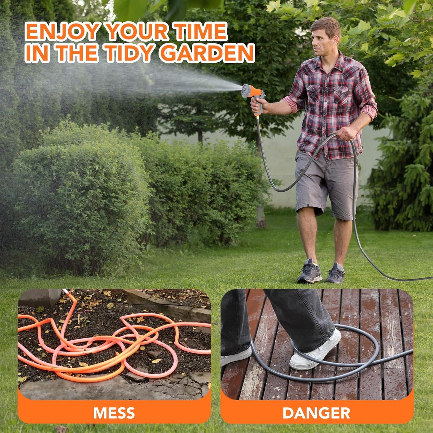 GAOMON Retractable Garden Hose Reel - 1/2 in x 100 ft, Wall Mounted, 9-Function Sprayer, Any Length Lock, 180° Swivel, Automatic Rewind & Slow Return System