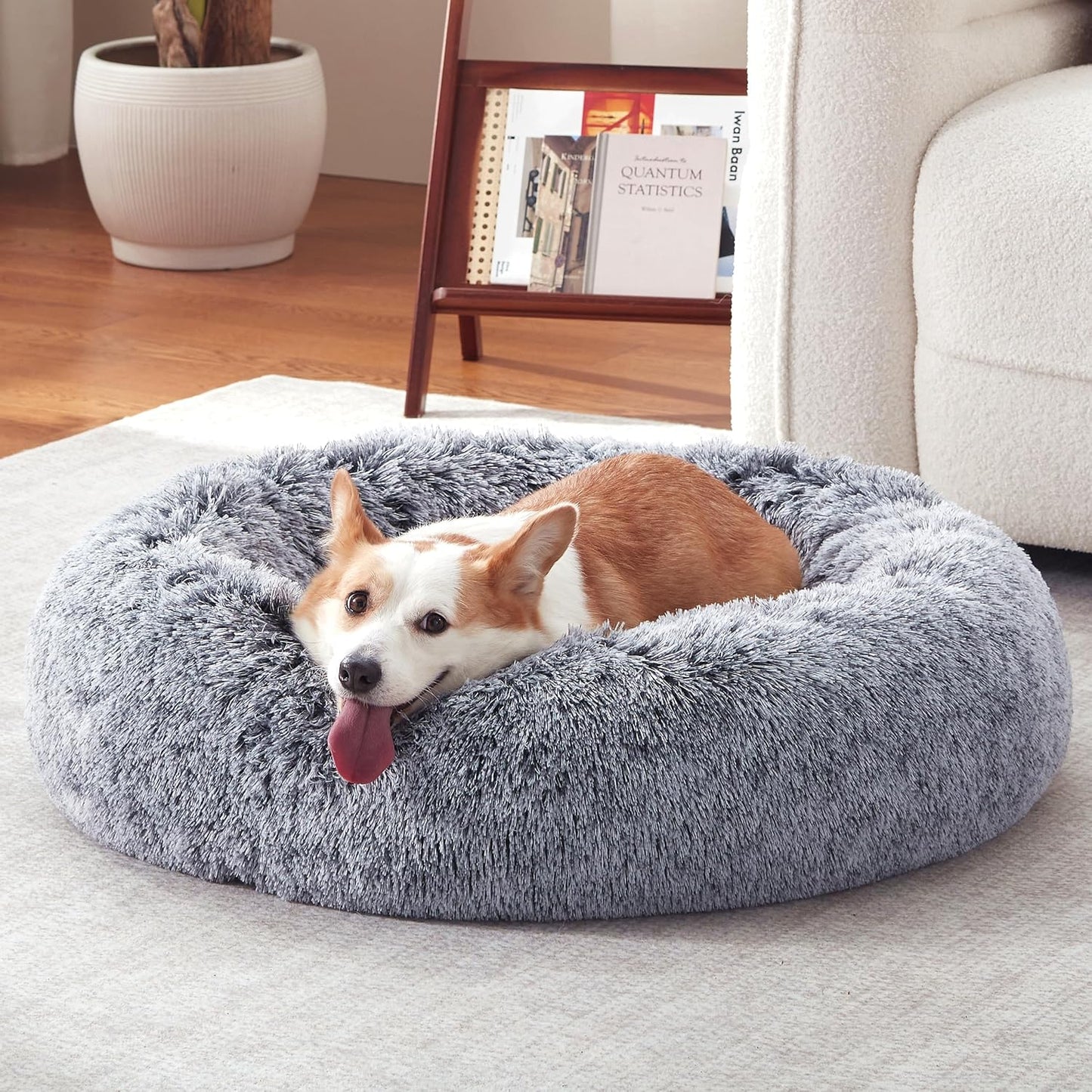 Donut Dog Bed Medium Size Dog 30 Inch, Round Cat Beds for Small Medium Dogs and Cats with Comfort Fluffy Faux Fur, Washable Cute Pet Bed with Anti-Slip Bottom, Grey