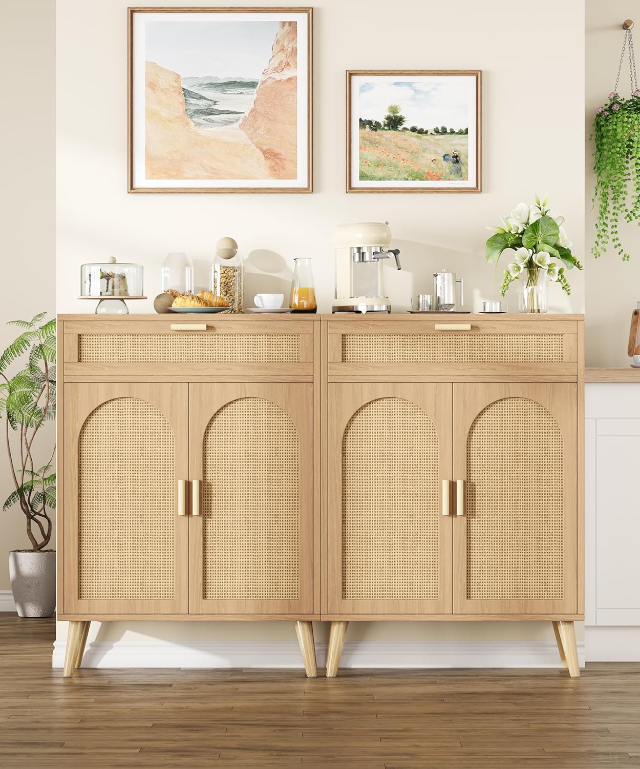 Rattan Buffet Cabinet with Storage, Sideboard with Drawer & Adjustable Shelf, Accent Kitchen Floor Storage Cabinet with 2 Doors & Solid Wood Feet, Coffee Bar for Living Room, Entryway, Natural Oak