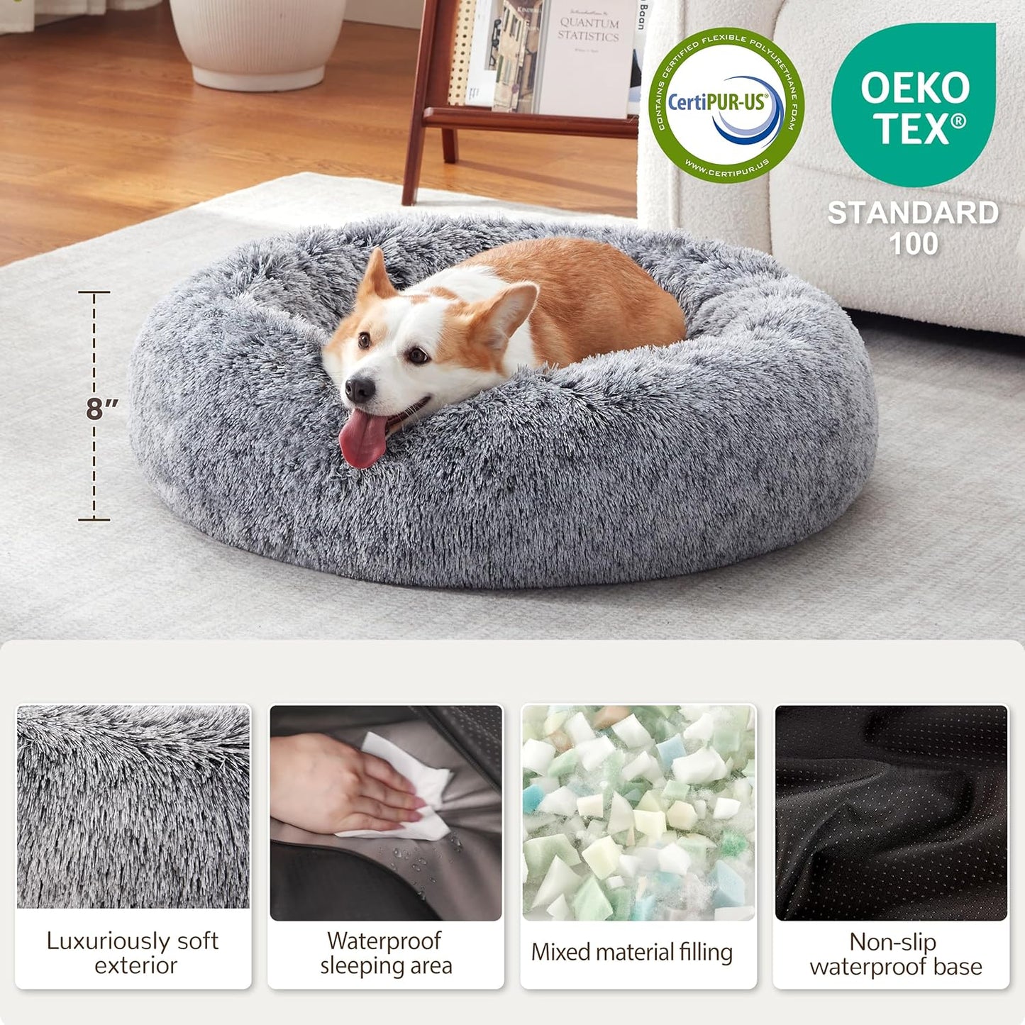 Donut Dog Bed Medium Size Dog 30 Inch, Round Cat Beds for Small Medium Dogs and Cats with Comfort Fluffy Faux Fur, Washable Cute Pet Bed with Anti-Slip Bottom, Grey