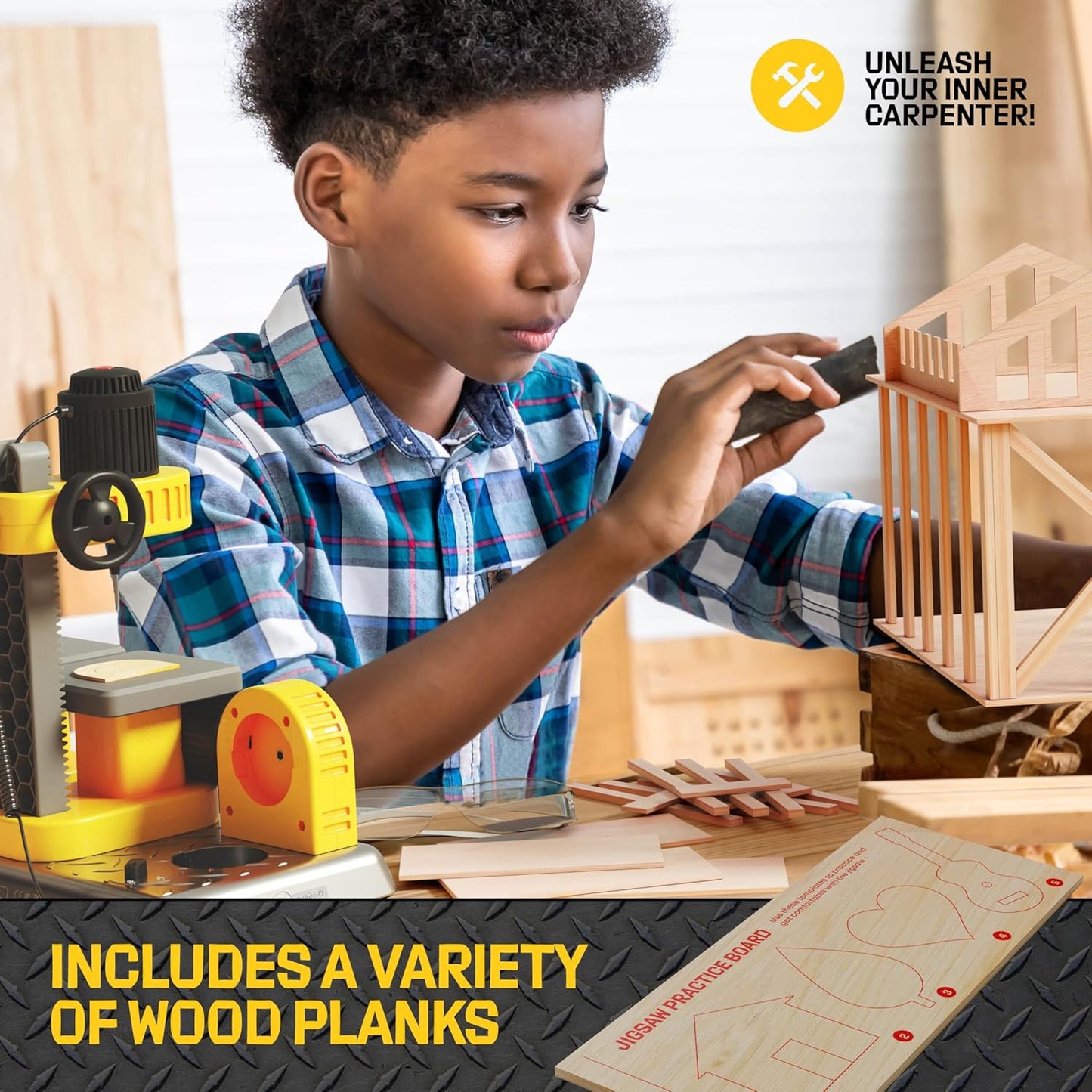 Dan&Darci 3-in-1 Woodworking Station for Kids - Wood Building Projects Kit for Boys - Real Construction Tools Sets - Boy Tool Set - Gifts Age 8 Year Old - Cool STEM Toys Kits Birthday Gift Ideas