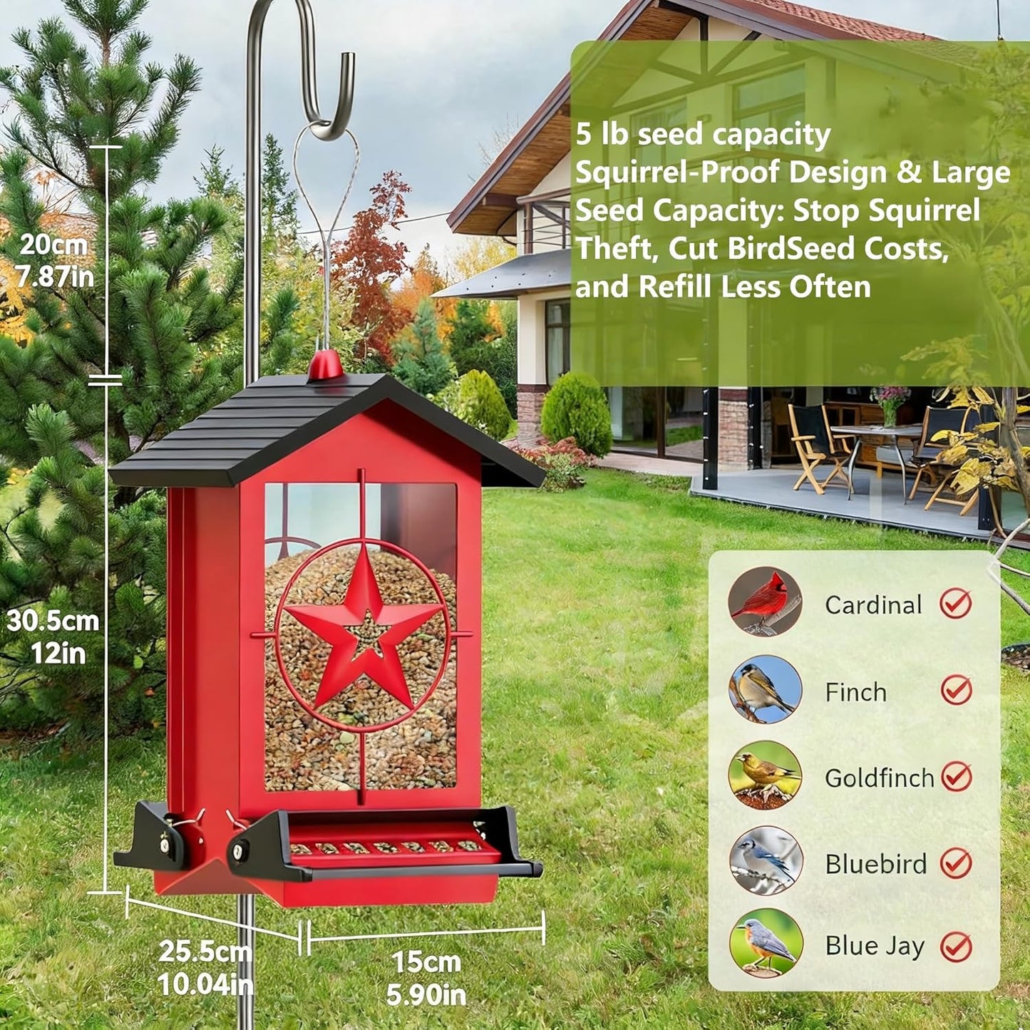 Squirrel Proof Bird Feeders for Outdoors With Weight-Activated, Metal 5LB Large Wild Bird Feeders for Cardinals,Blue jay,Finch, Weatherproof Durable Hanging Bird Feeder for Backyard,Garden,Patio - Red