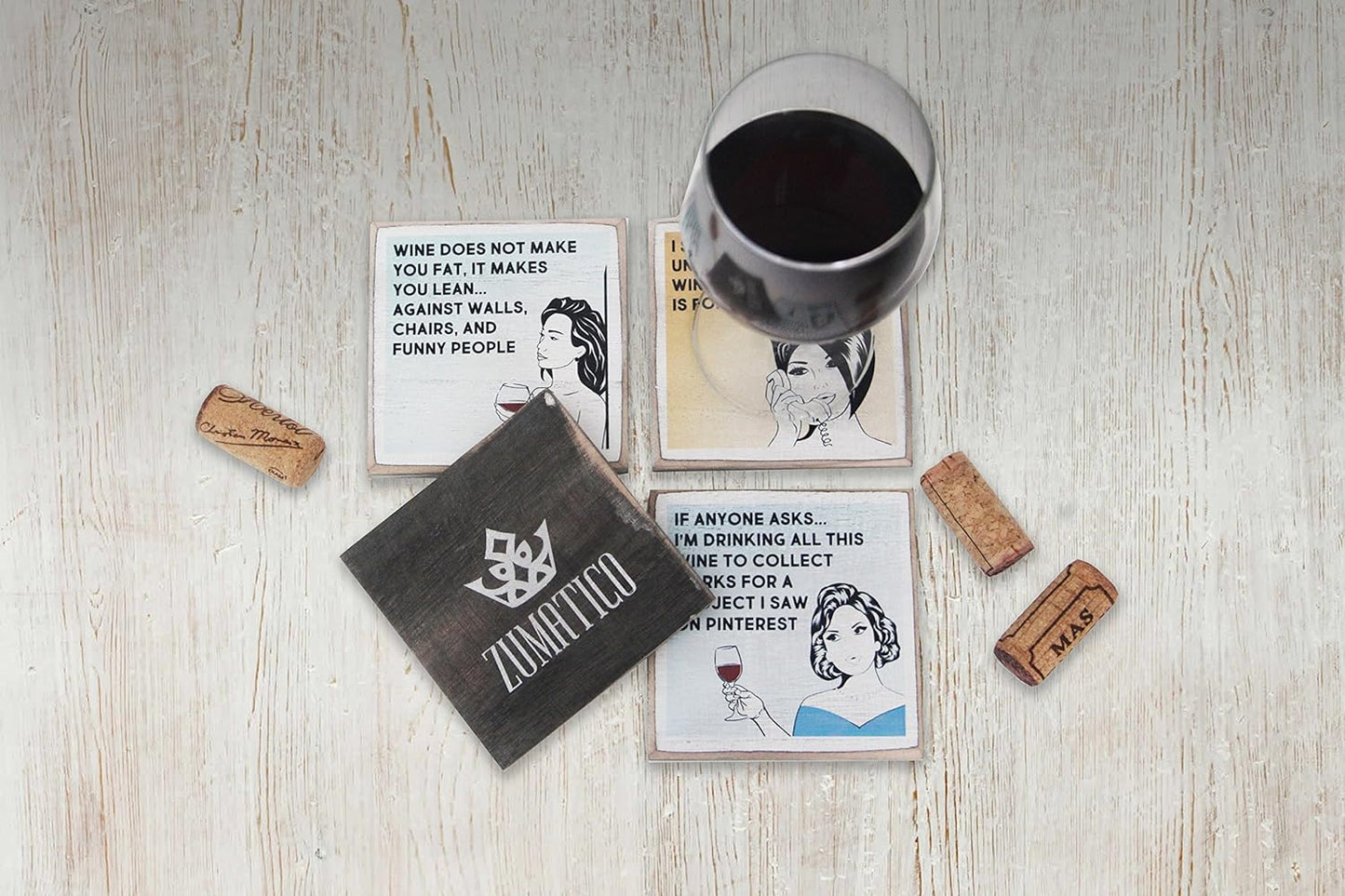 Wine Coasters with Holder - Funny Gifts for Women - Hostess Gifts - Housewarming Gifts for Wine Lovers - Wine Accessories (Funny Wine)