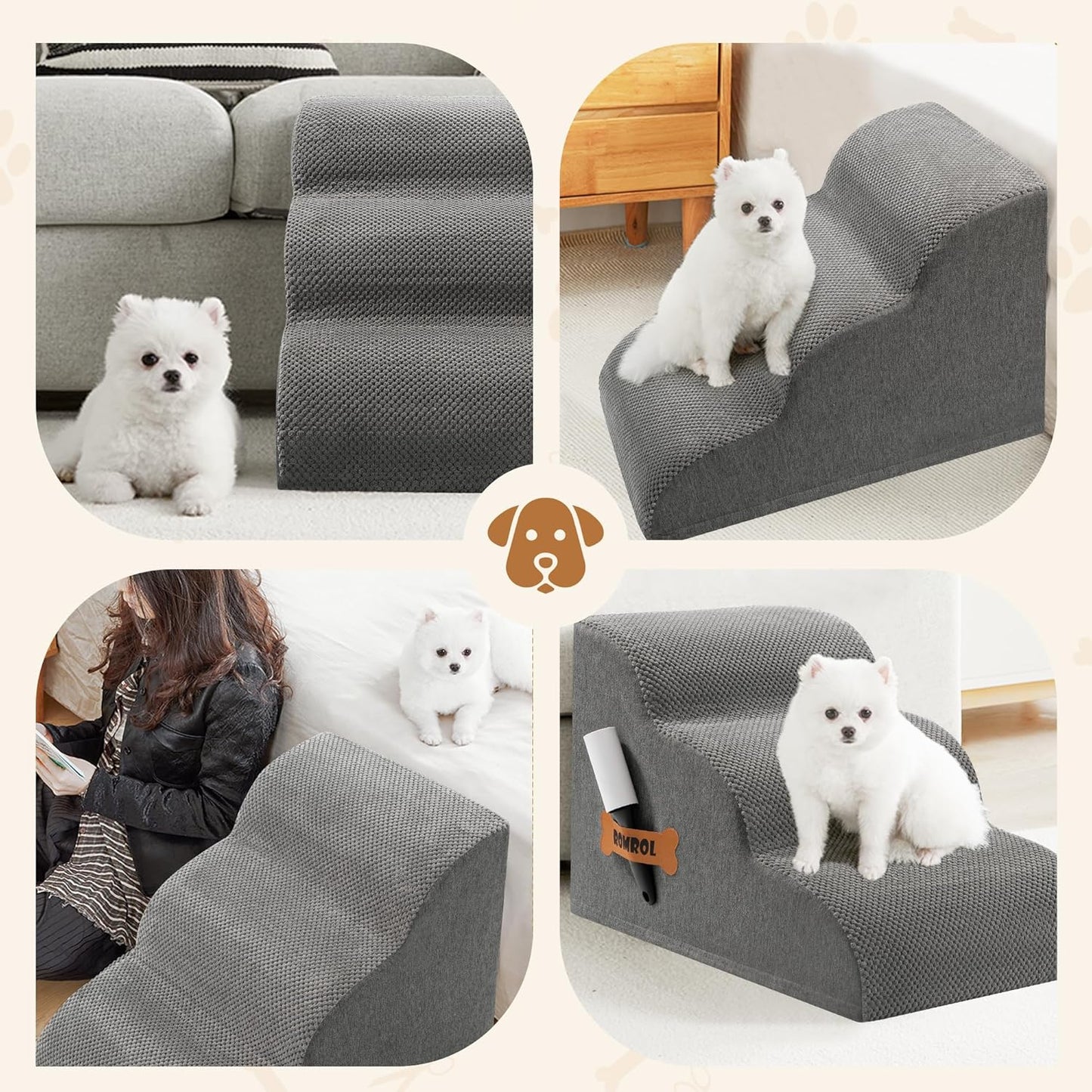 Romrol Dog Stairs Ramp for Small Dogs, 33D Pet Stairs Steps with Durable Non-Slip Waterproof Fabric Cover, Dog Slope Stairs to Bed for Small Dogs and Cats or Pets Joints, 3-Steps