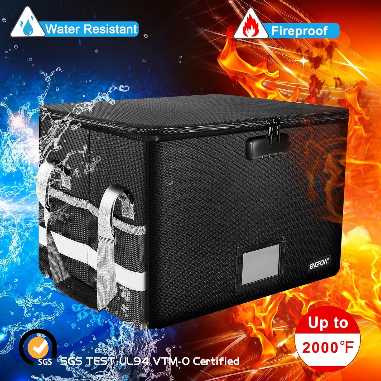 ENGPOW File Box with Lock,Fireproof Document Box with Zipper＆Pockets,Collapsible File Organizer Filing Storage Cabinet with Handle,Portable Home Office Safe for Hanging Letter/Legal Folder,Black
