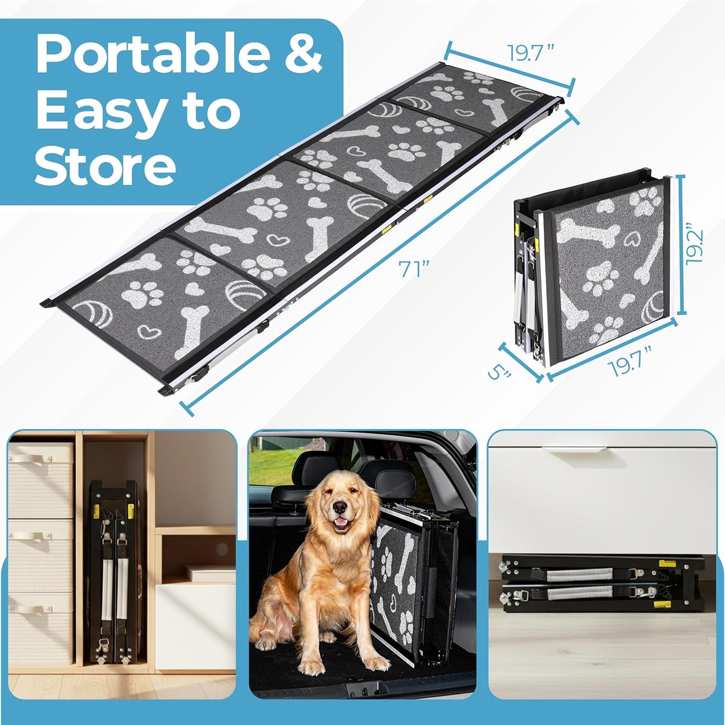 Dog Ramp for Car, SUV & Truck, 71" Long x 20" Wide, Extra Side-Strap Stability System, Non-Slip Quad-Fold Pet Ramp for Large Dogs, 250 lb Capacity (Paw Print Design)