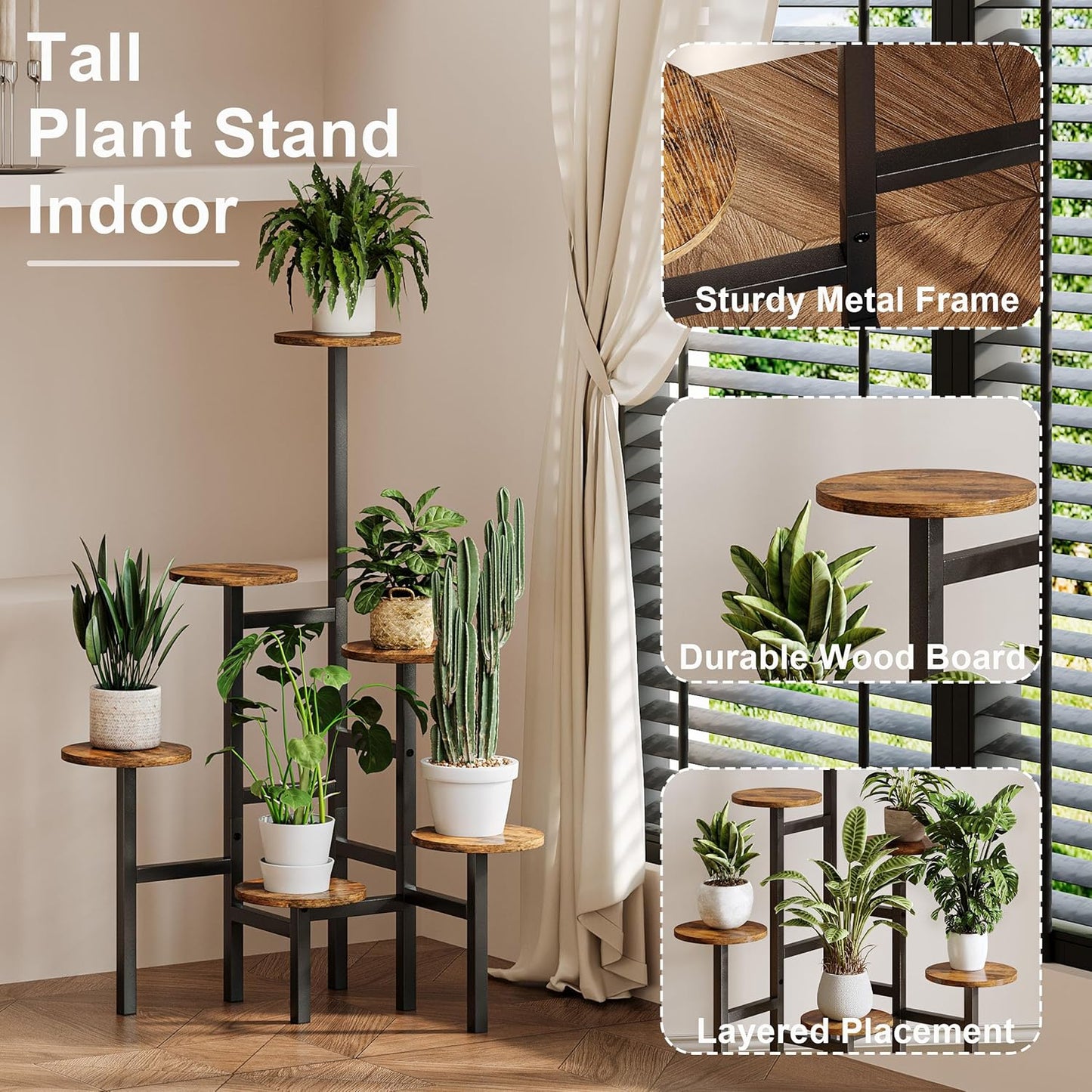 6 Tier Corner Plant Stand Indoor Outdoor, Tall Large Plant Shelf for Multiple Plants, Tiered Flower Pot Holder, Metal Display Plant Shelves for Living Room, Balcony, Patio, Garden(Rustic Brown)GPS514R