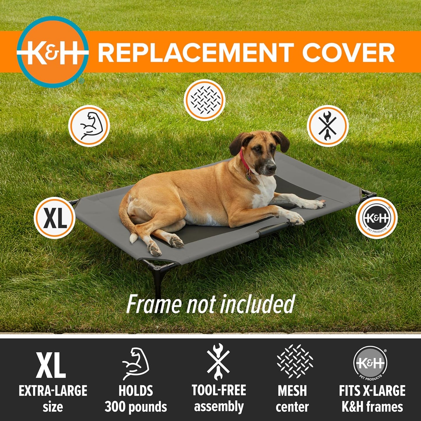 K&H Pet Products Dog Cot Replacement Cover, Designed to fit K&H XL Pet Cots (Sold Separately), Indoor Outdoor, Breathable Cooling Mesh Center, Machine Washable - Extra-Large 50 X 32in Gray