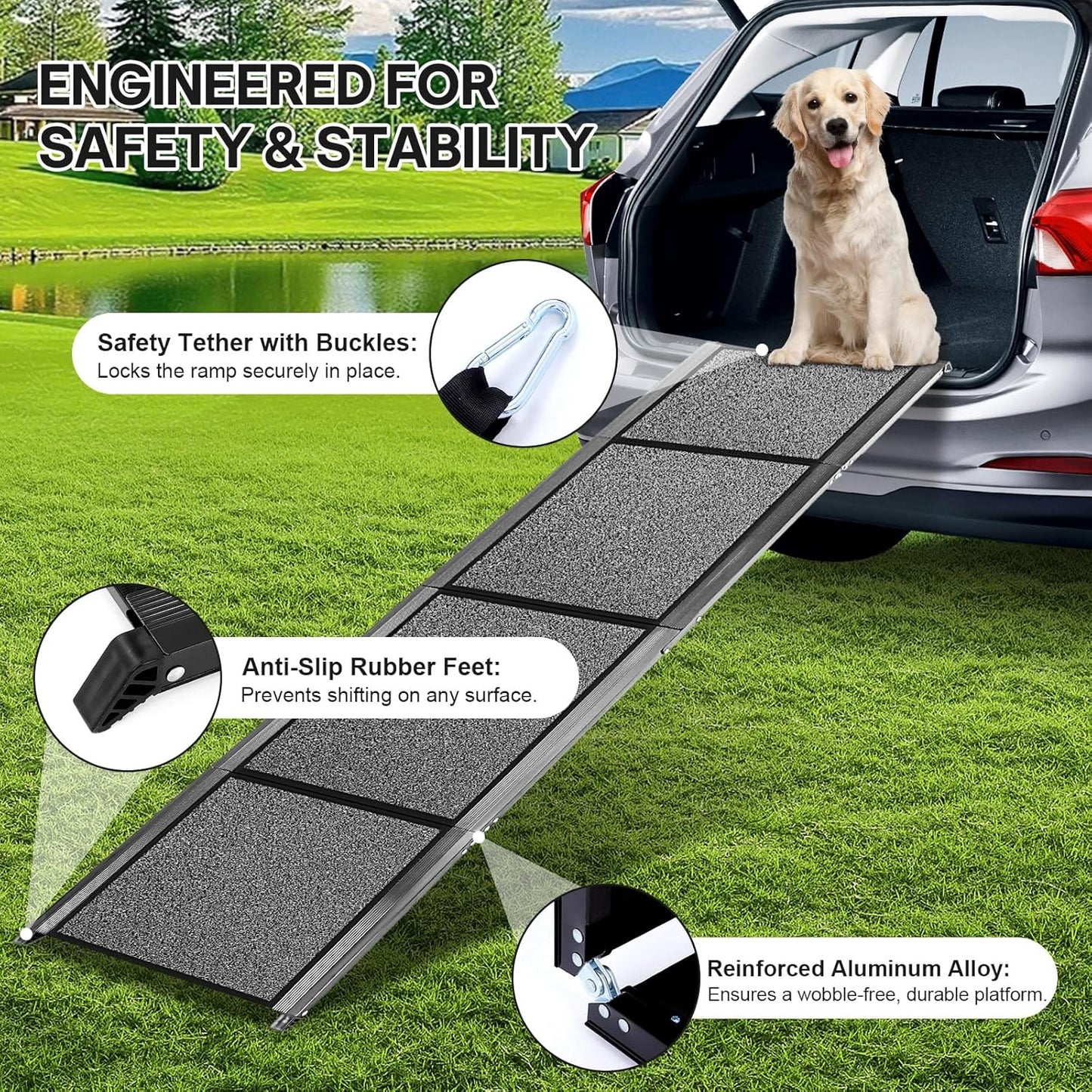 Lightweight Aluminum Dog Ramp for Women & Seniors - 67" Folding Car Ramp for Large Dogs to 250lbs | Portable Pet Ramp with Non-Slip Surface for Safe SUV, Truck Entry & Joint Care for Senior Pets