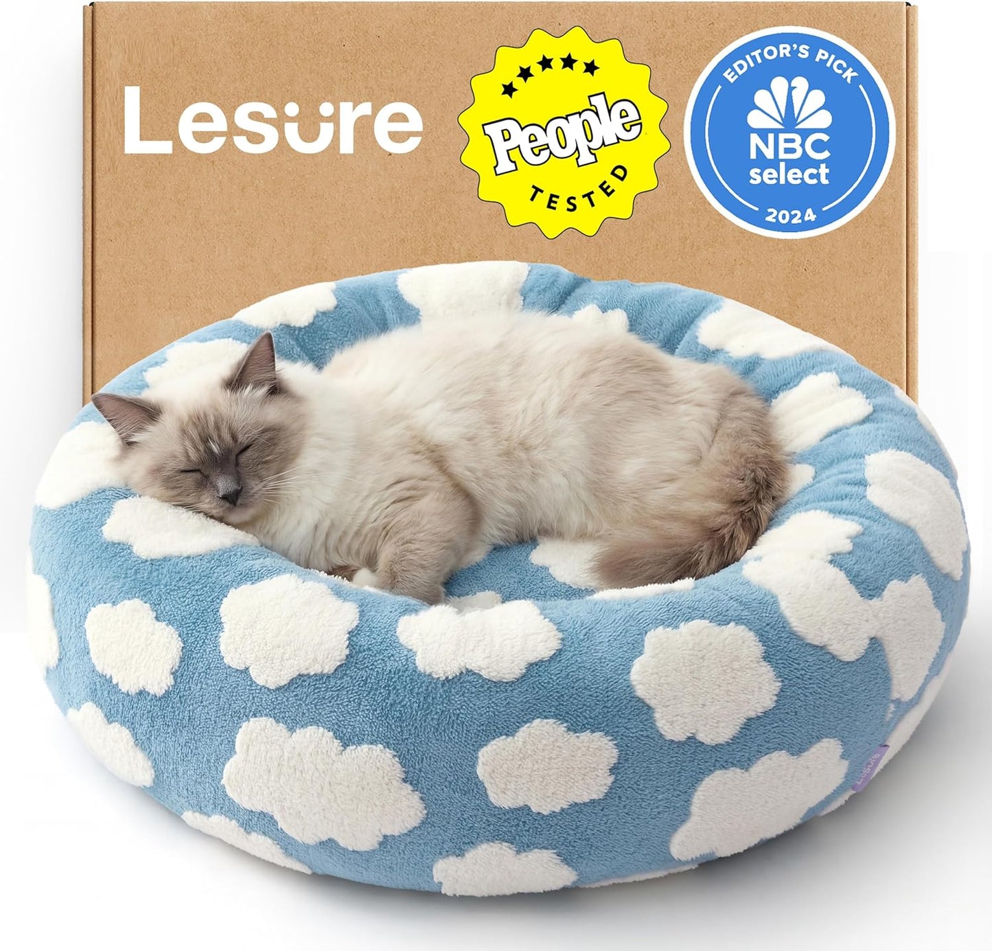 Lesure Shown on TV Donut Cat Beds for Indoor Cats - Small Round Dog Bed for Calming Pets as Gift with Washable Cover, Cute Modern Puppy Bed with Jacquard Shaggy Plush & Anti Slip Bottom, 20 Inch, Blue