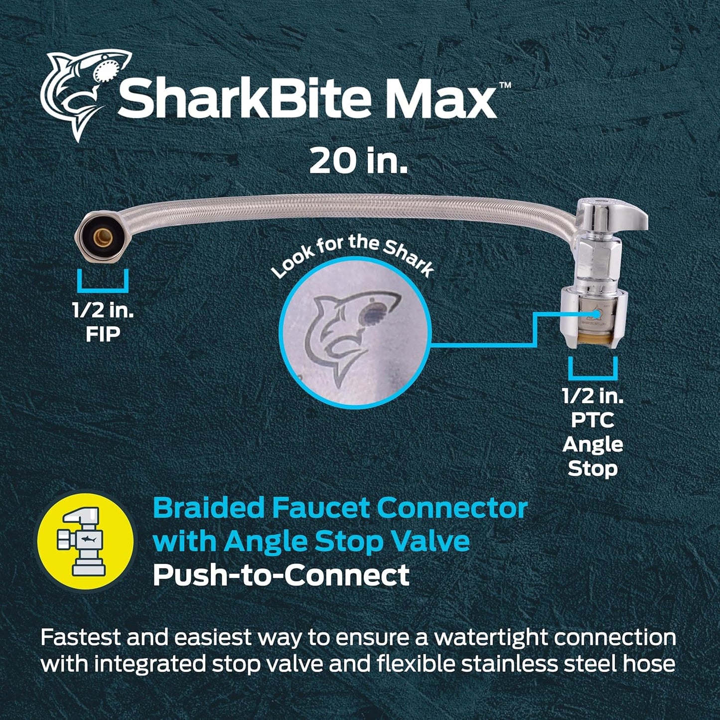 SharkBite Max 20 In. Stainless Steel Braided Faucet Connector with Angle Stop Valve, 1/2 Inch PTC x 1/2 Inch FIP, PEX Pipe, Copper, CPVC, PE-RT, HDPE, UR24657